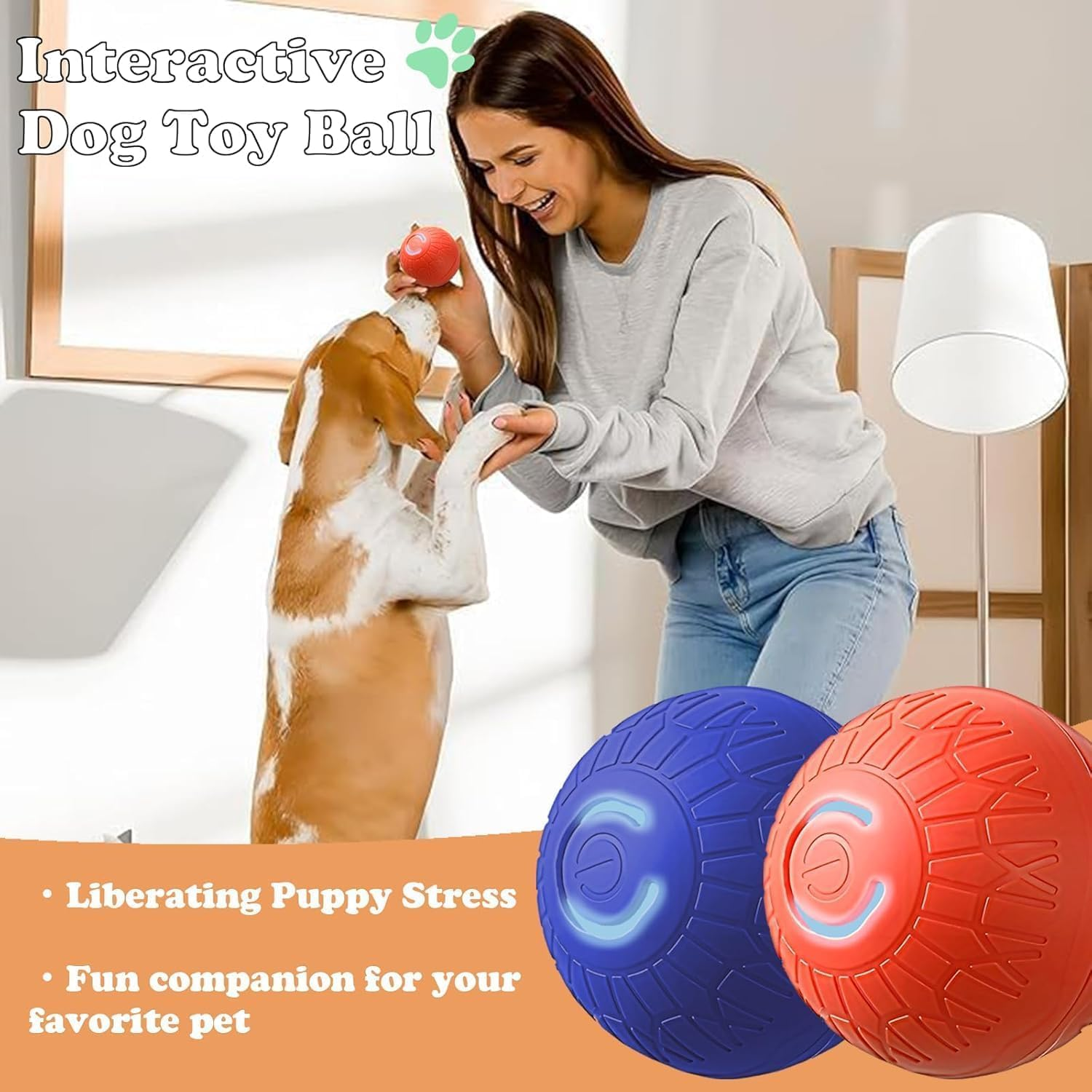 TEKXDD Interactive Dog Ball - Dog Toys, Indestructible Dog Moving Ball, Pet Playthings for Outdoor & Indoor Playtime - Orange image number 3