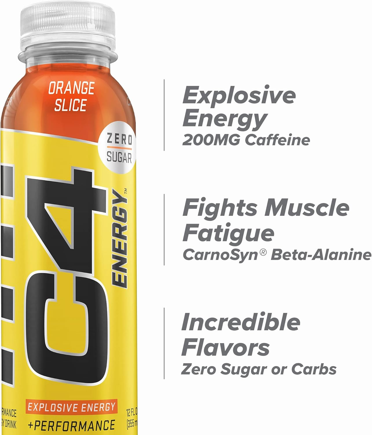 C4 Energy Non-Carbonated Zero Sugar Energy Drink, Pre Workout Drink + Beta Alanine, Orange Slice, 12 Fl Oz (Pack of 12) image number 3