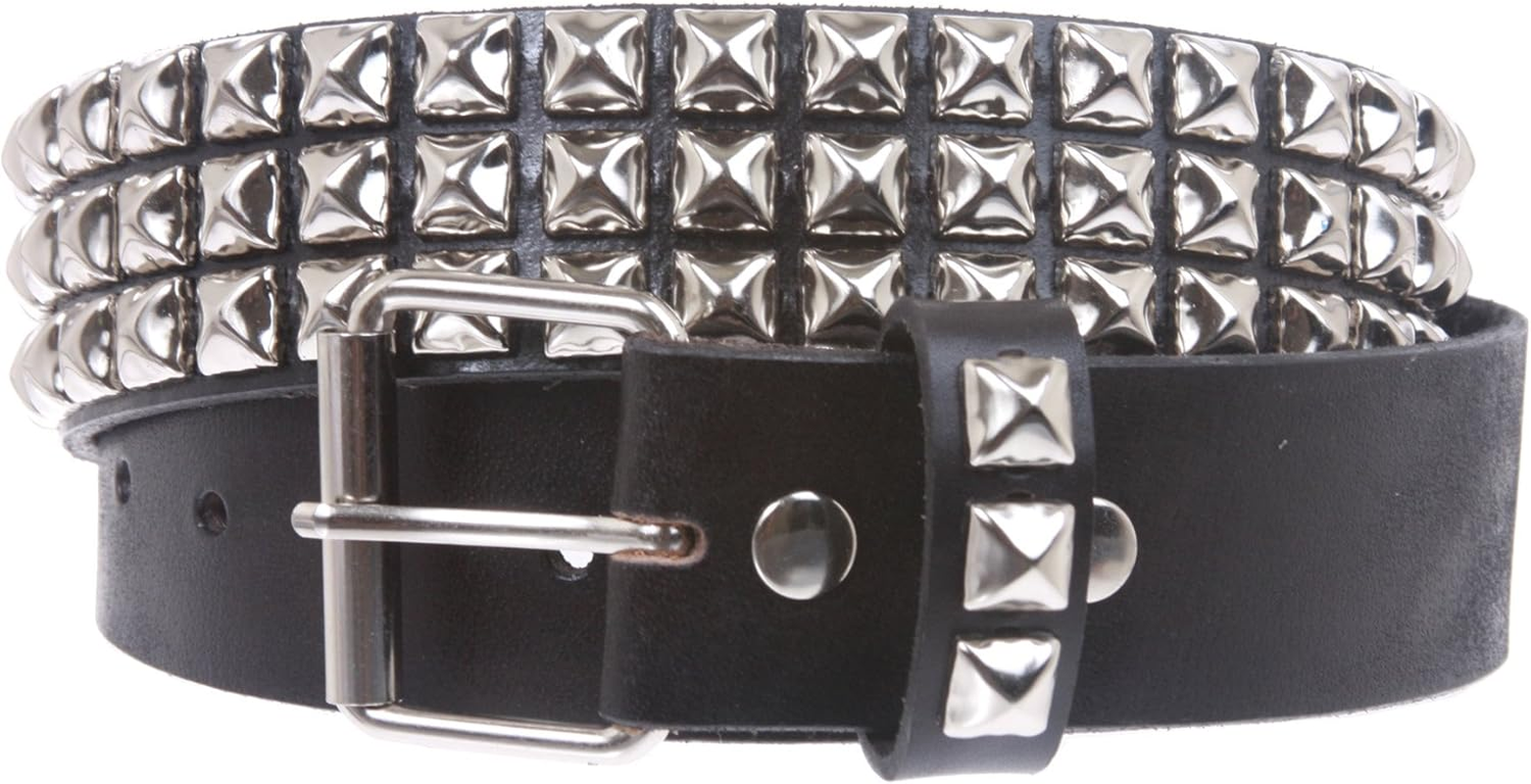 Snap on Three Row Punk Rock Star Metal Silver Studded Full Grain Cowhide Leather Belt image number 1