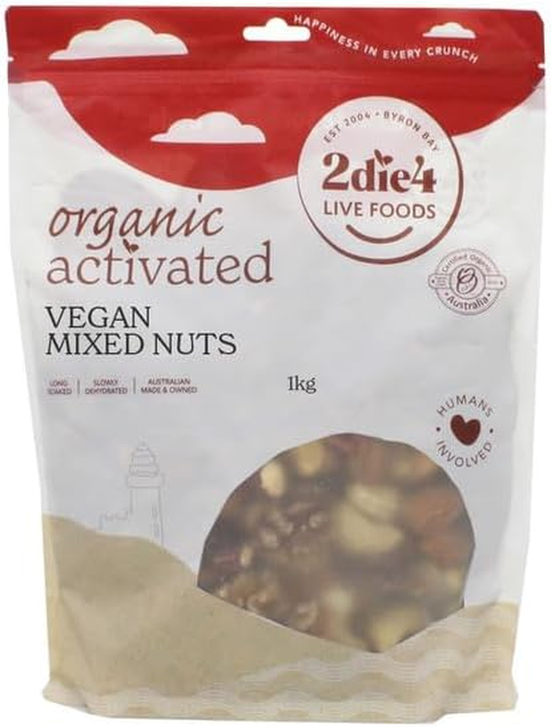 2 Die 4 Live Foods, Activated Organic Vegan Mixed Nuts 1 Kilogram - Enjoy, a Mixed Variety of Vegan Activated, Organic Nuts. Sprinkle on Breakfasts or Salads, Add to Savoury Cooking or Sweet Baking.