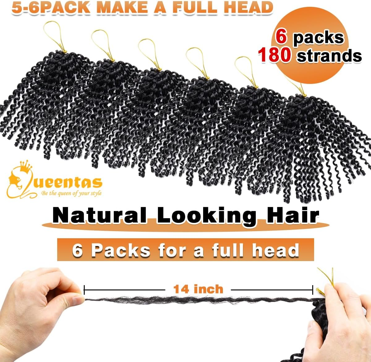 QUEENTAS Micro Kinky Curly Crochet Hair for Women 8 Inch Pre Looped Micro Twist Braiding Hair for Mini Passion Twist 6 Packs (Black) image number 2