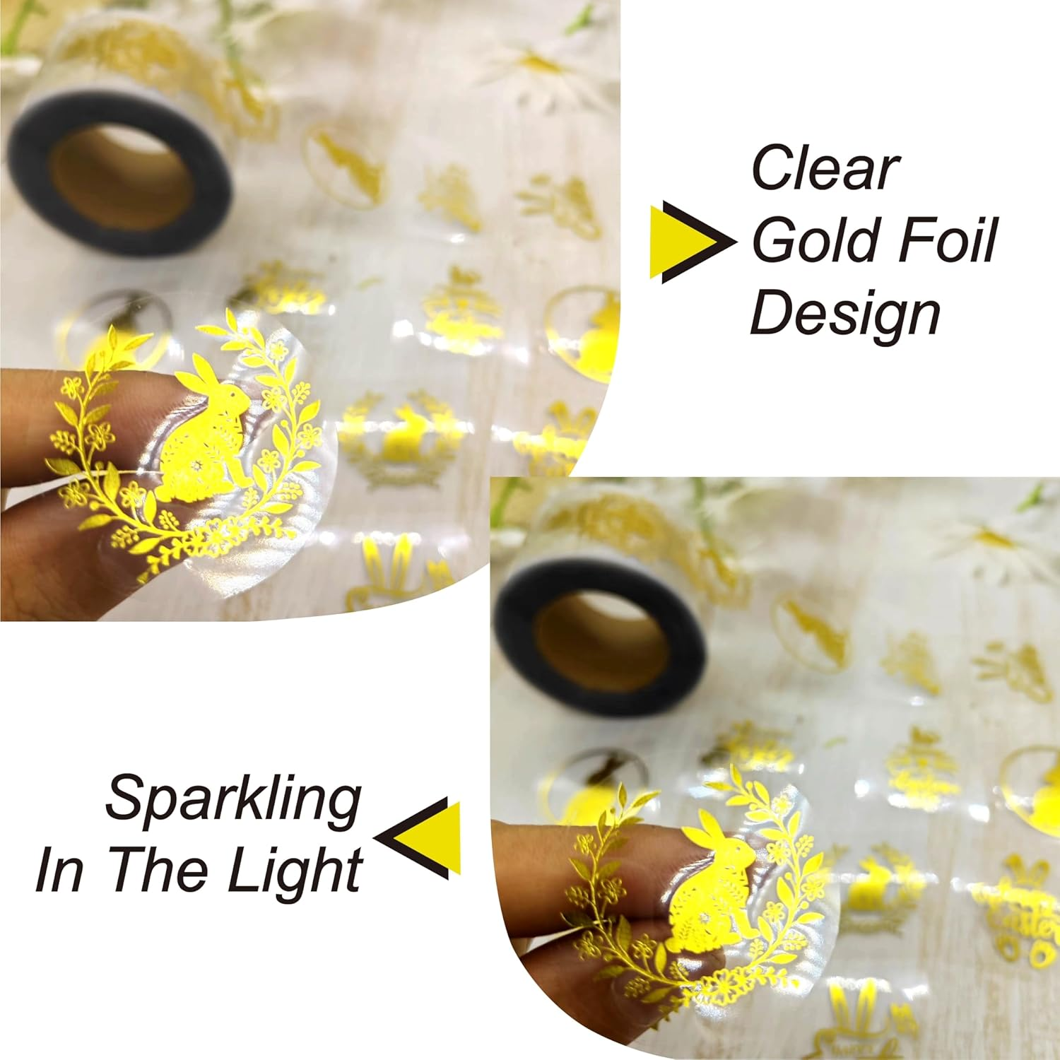 Masper 1.5 Inches/600 Easter Stickers, 6 Clear Gold Foil Designs Happy Easter Stickers, Decorative Easter Basket Stuffers for Kids, Easter Egg Stickers Bunny Stickers for Baskets Eggs Cards Crafts