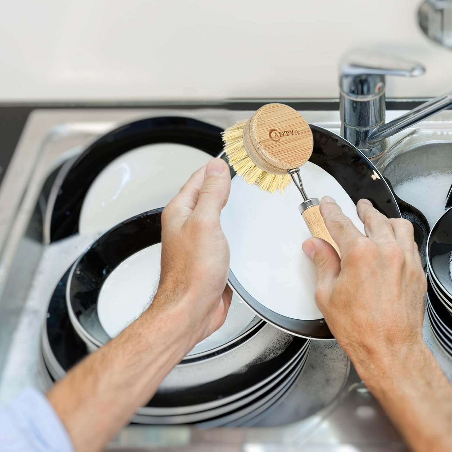 Bamboo Dish Brush with Handle 4 Replacement Heads, Eco-Friendly Soft Sisal Dish Scrubber Bamboo Wok Brush for Cleaning Kitchen Utensils image number 5