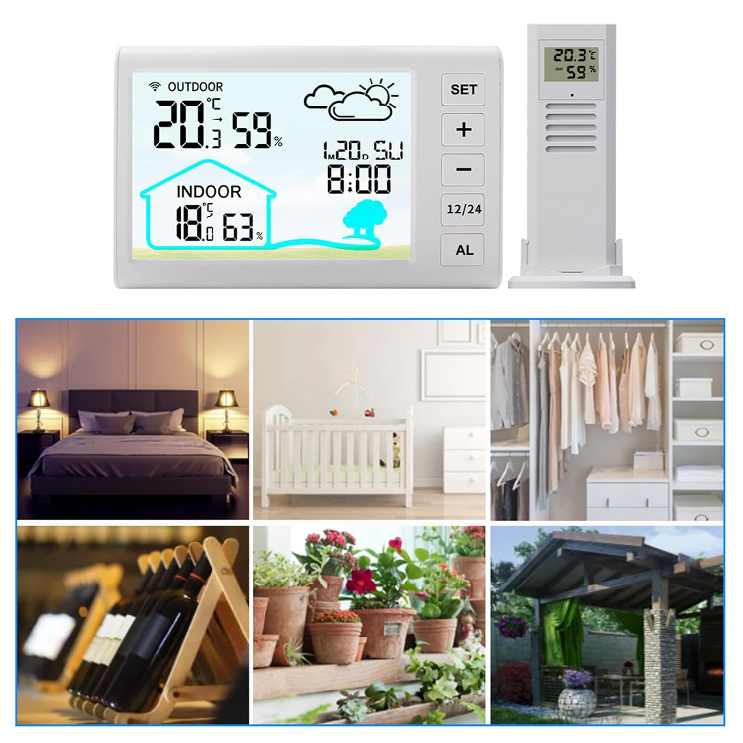 Weather Stations Wireless Indoor Outdoor Thermometer, Home Weather Station, Digital Temperature Display Clock Alarm Adjustable Backlight