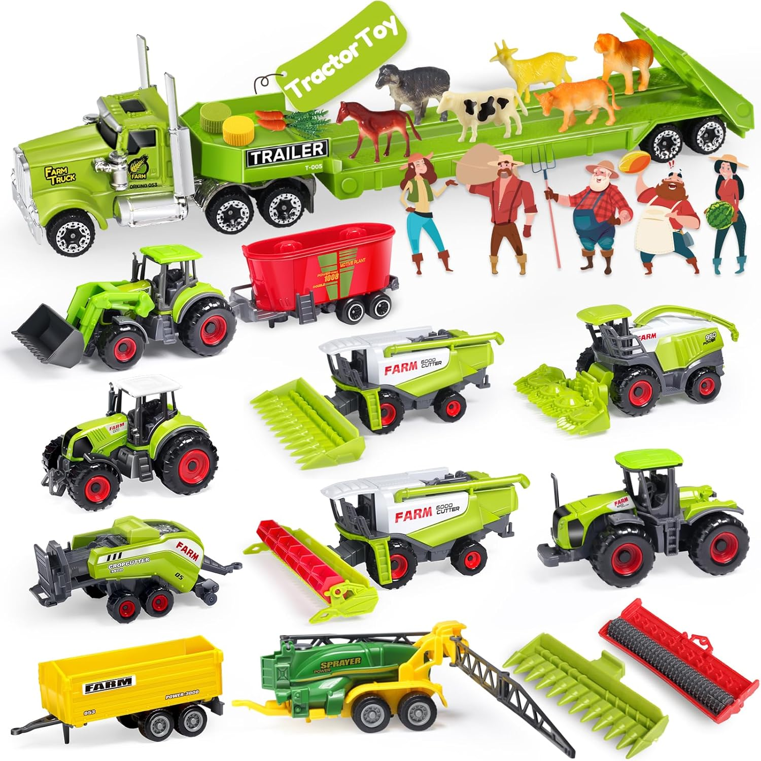 Oriate Kid'S Farm Tractor Vehicle Playset, Diecast Car Set Educational Mini Farm Animals with Flatbed Trailer, 1:64 Scale, 3+ Years, Classic Style