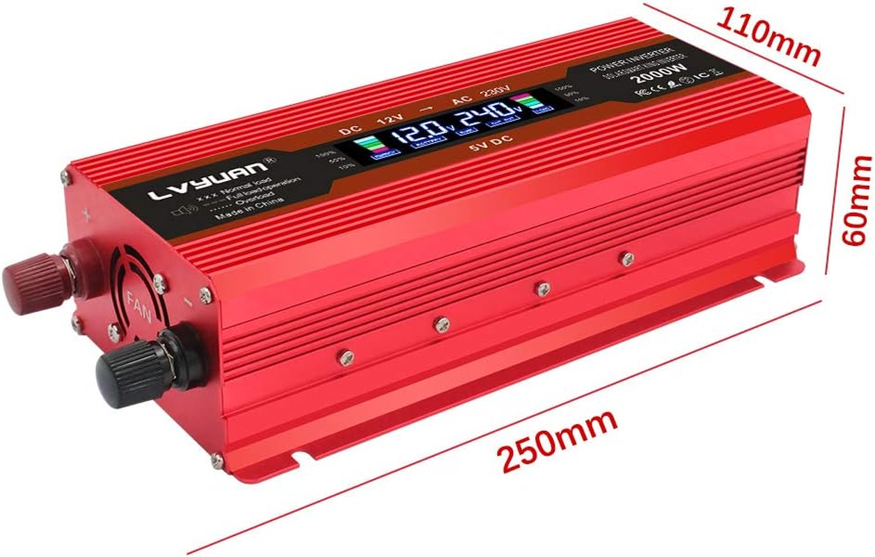 Yinleader 1000W/2000W(Peak) Car Power Inverter DC 12V to 240V AC Converter with Intelligent LCD Display Dual AC Outlets Dual USB for RV Caravan Truck Laptop(Red) image number 2