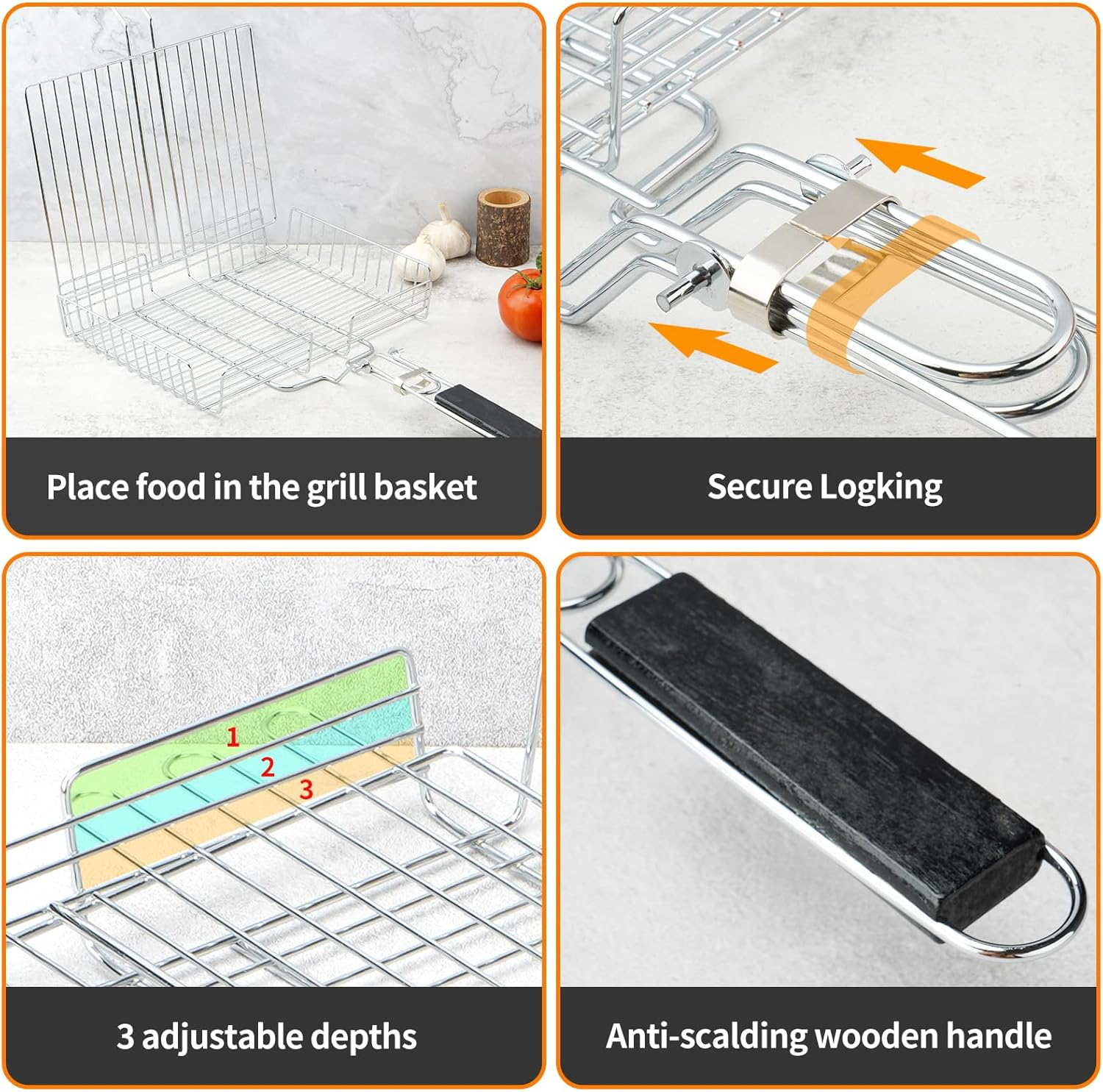 Fish & Vegetable Grill Basket,Portable Stainless Steel BBQ Grill Basket,Folding Outdoor Camping BBQ Rack for Fish, Shrimp, Vegetables, Barbeque Griller Cooking Accessories (Adjustable Black) image number 3