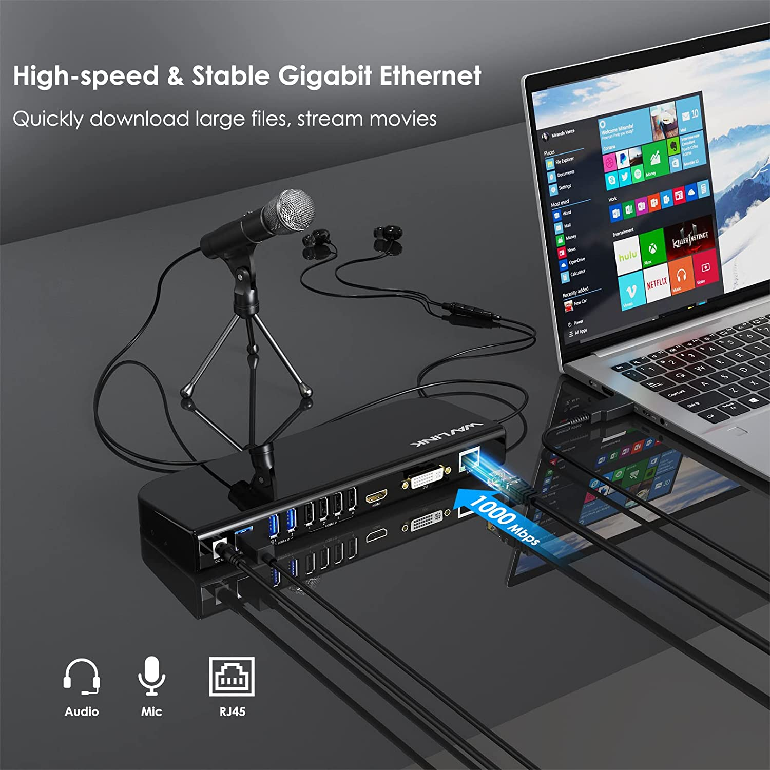 WAVLINK USB 3.0 Universal Docking Station, USB 3.0 Laptop Docking Station Dual Display with HDMI & DVI to VGA/HDMI, Gigabit Ethernet, 6 USB Ports, Audio for Laptop, Ultrabook and PC, No Power Charging image number 2