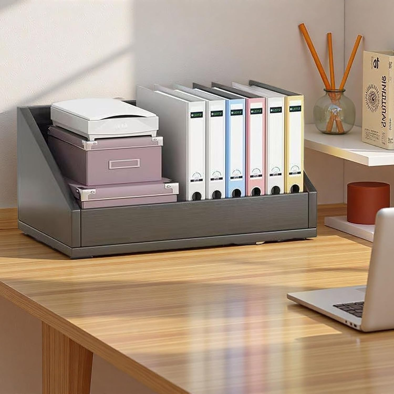 Mobile Organiser Wooden Bookshelf, Office Desk Display Shelf Unit, Book Storage Bookcase, Books Shelves A253 (Black) - White image number 4