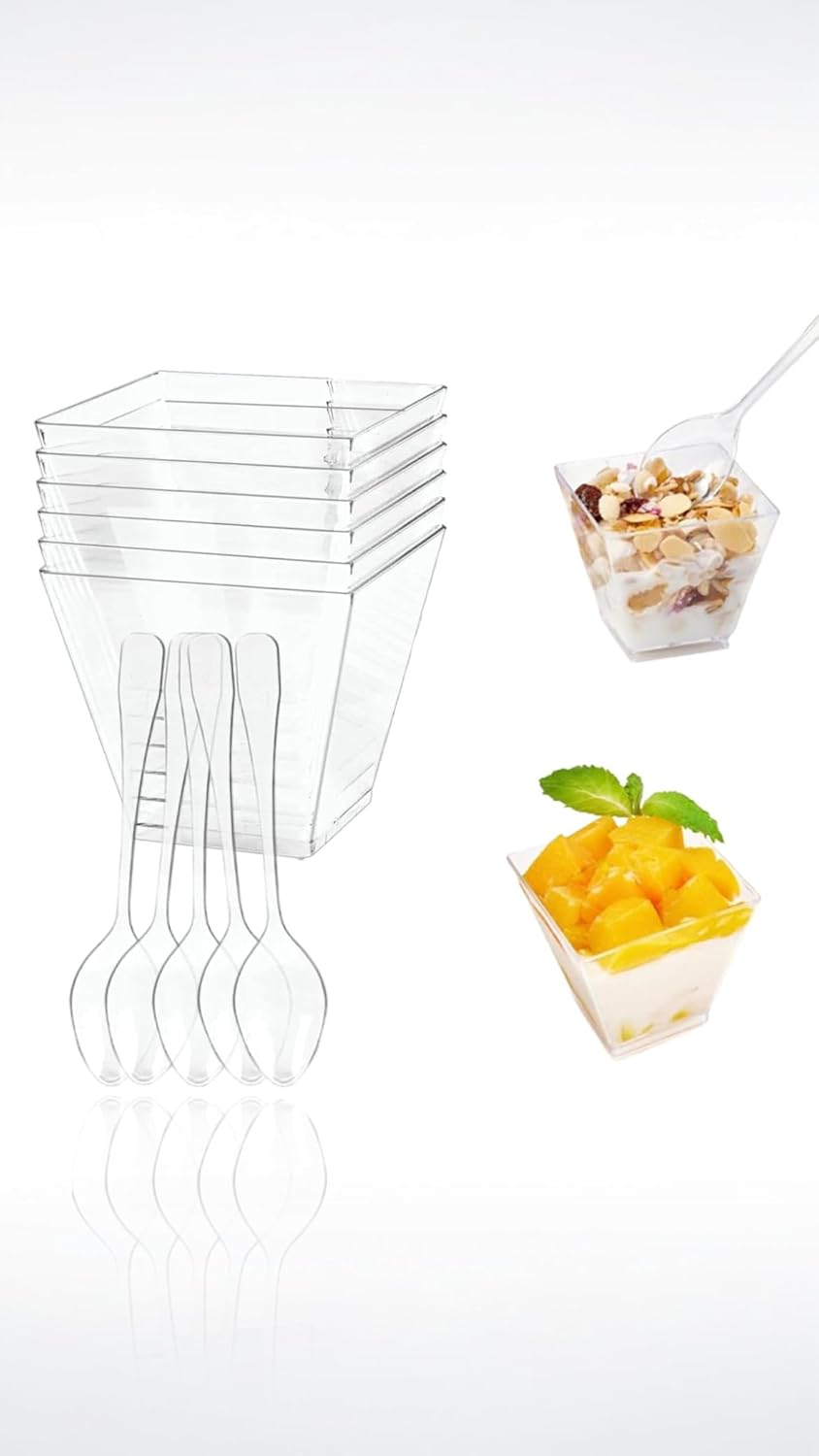 Honwor 50-Pack Clear Mini Dessert Cups with Spoons - Reusable, Square Parfait Cups for Tastings, Apizers, & More - 2.02Oz image number 2