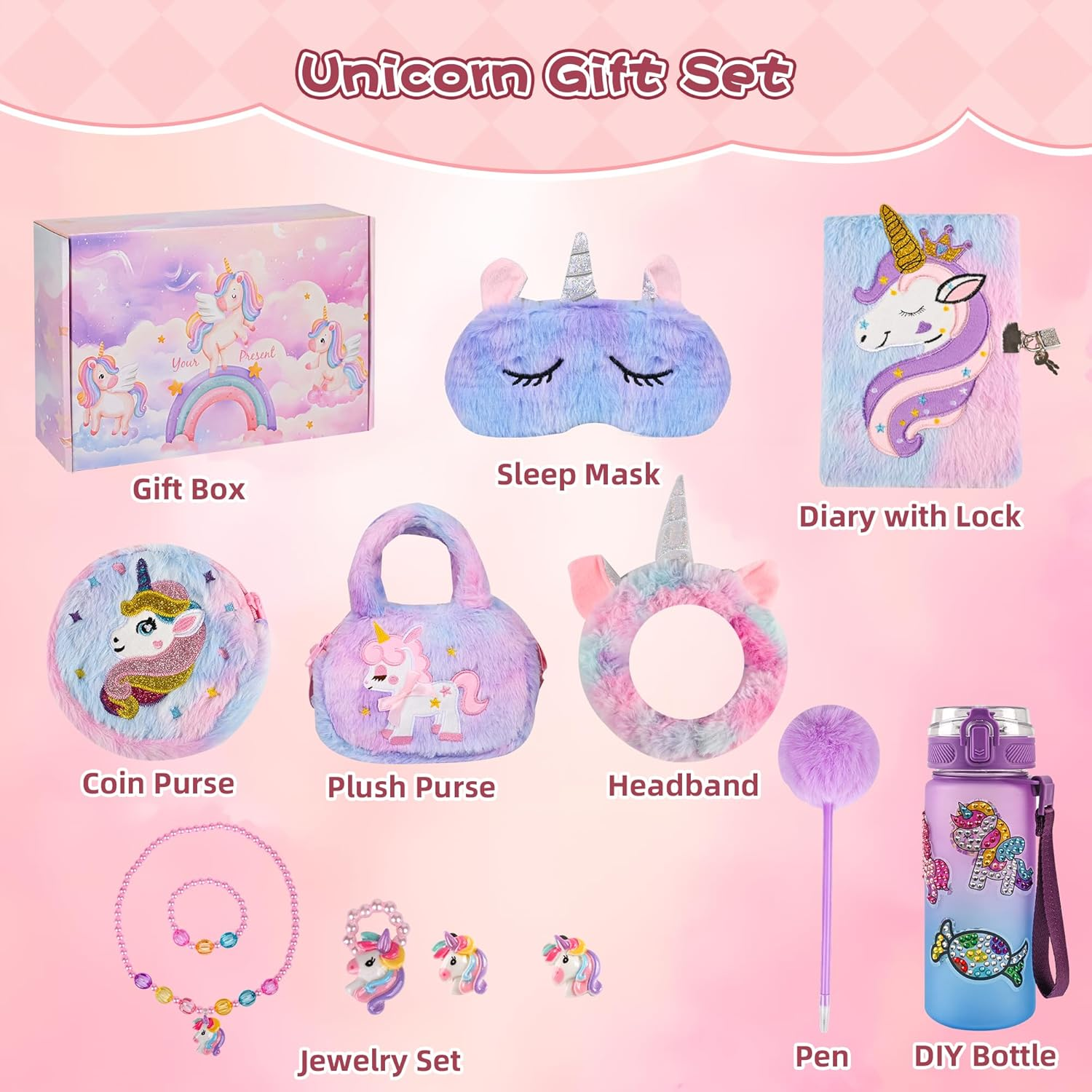 CYZAM Unicorns Gifts for Girls Kids Toys 6 7 8 9 10 Years Old with Water Bottle, Bag, Purse, Plush Diary, Eye Mask, Headband, Pen, Jewelry Set, Teen Girl Birthday Christmas Unicorn Toy image number 1