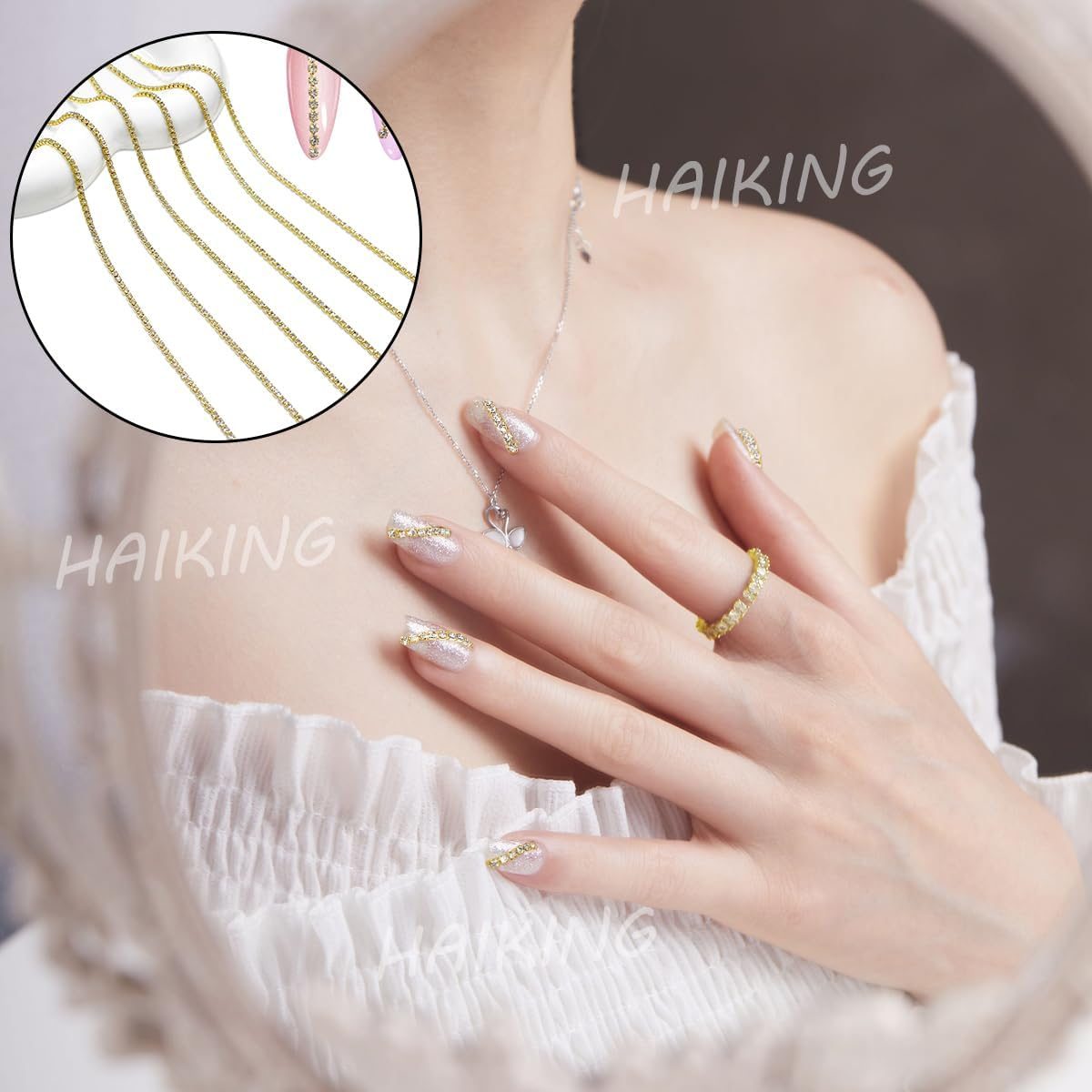 HAIKING Rhinestone Nail Art Chains, 1 Pcs White Diamond Metallic Chains Nail Accessories for Nail Art Decoration, DIY Crafting Design (50Cm/19.68In) image number 5