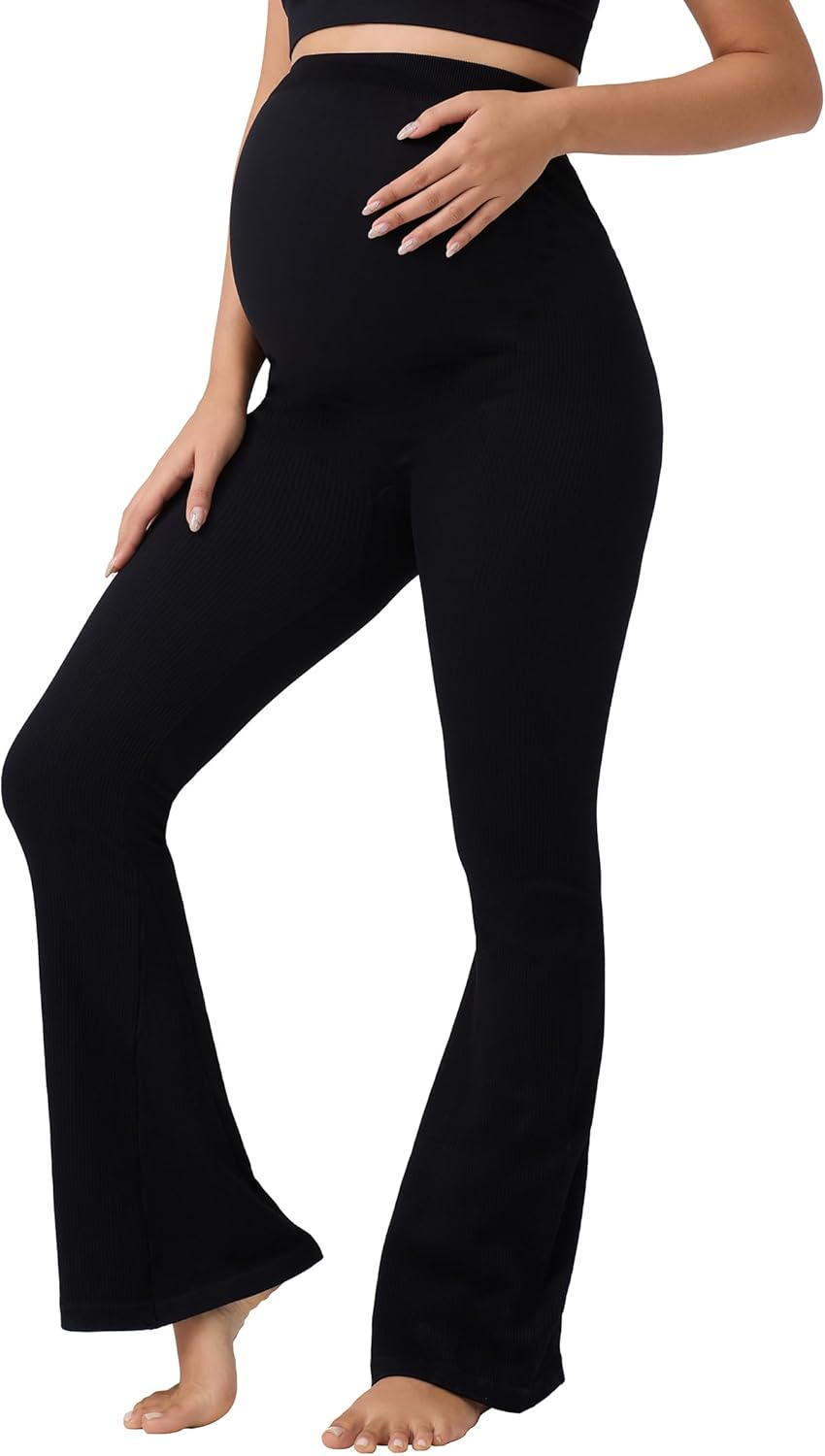 Angelhood Women'S Maternity Flare Leggings over the Belly Ribbed Pregnancy Yoga Leggings Workout Activewear Maternity Pants