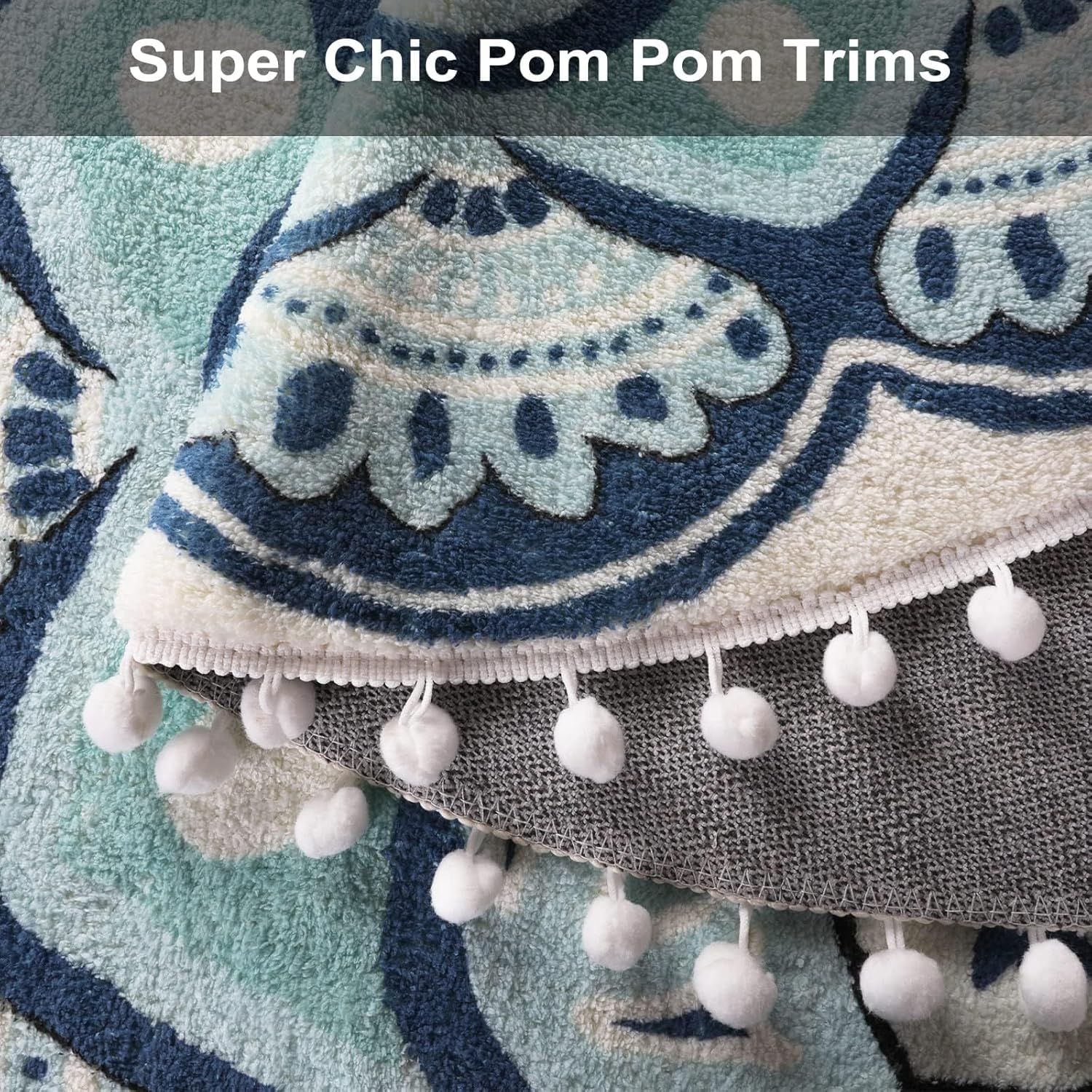 Uphome round Rug 5.3Ft Blue Circle Boho Rug with Pom Pom Fringe Machine Washable Non-Slip Sofa Floor Mat Soft Cute Blooming Mandala Carpet for Living Room Bedroom Kid'S Room Nursery image number 1