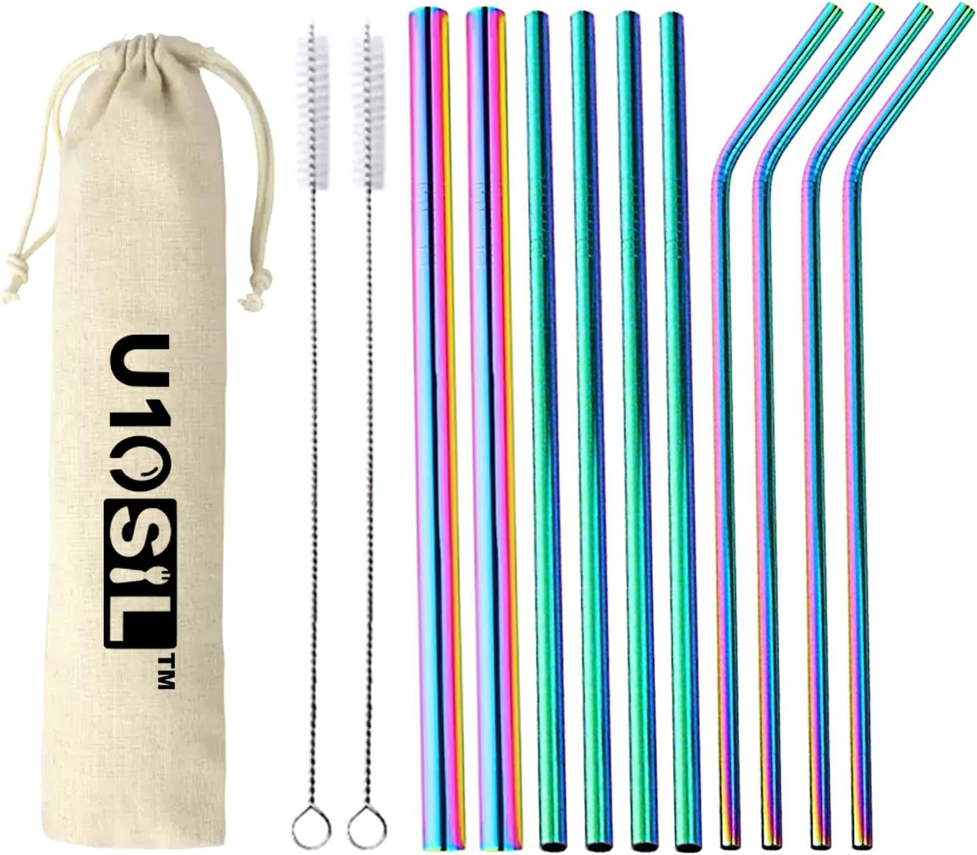 U10SIL 10-Pack Reusable Stainless Steel Straws Set with 2 Brushes & Case - Bent & Straight Long Metal Drinking Straws, Dishwasher Safe, Eco Friendly Rainbow Straws for Home, Party, Travel (Rainbow)