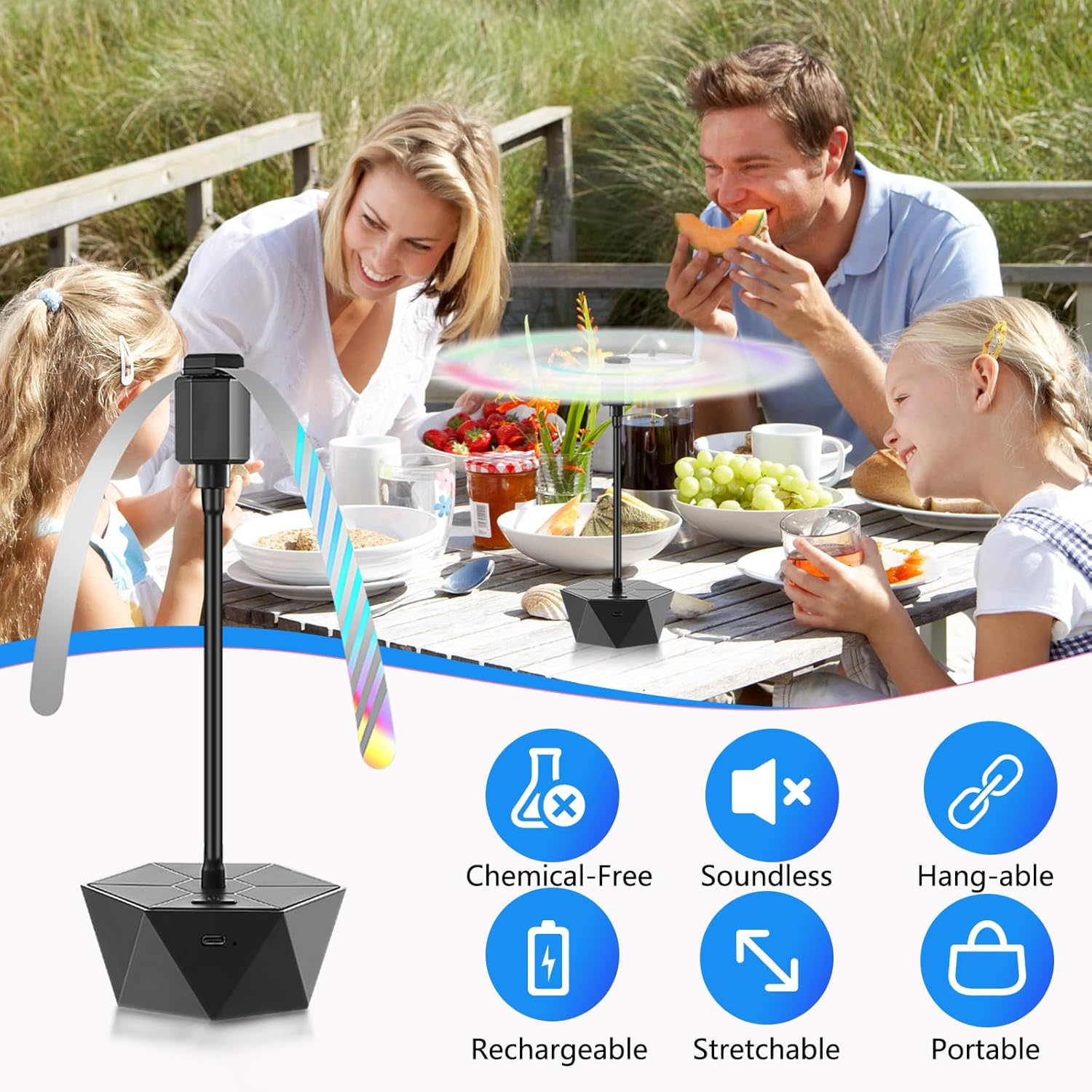 Fly Fans for Tables Rechargeable Fly Repellent Fans for Indoor Outdoor Keep Flies Away, Flies Spinner Table Top with Holographic Blades, Bug Traps for Picnic, Party, BBQ (Black, 3Packs) image number 6