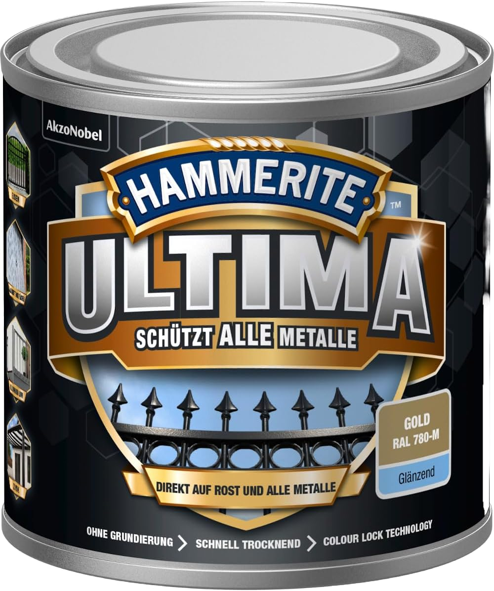 Hammerite Ultima Glossy, Metal Protective Paint, Gold RAL 780-M, 250 Ml