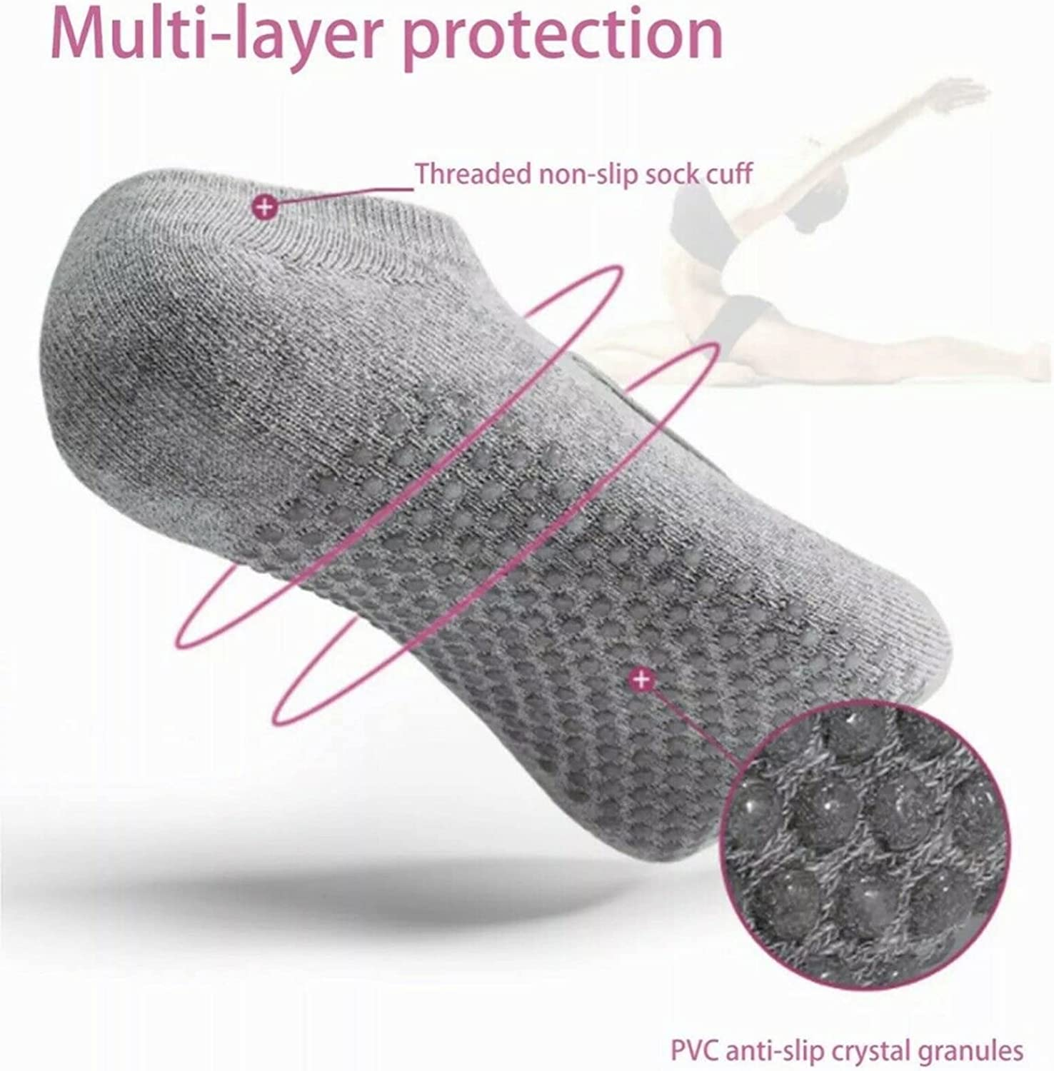 2 Pairs Women Yoga Barre Socks, anti Slip/Skid Silicone Gym Pilates Ballet Trampolines Bikram Fitness Sport Sweating image number 3