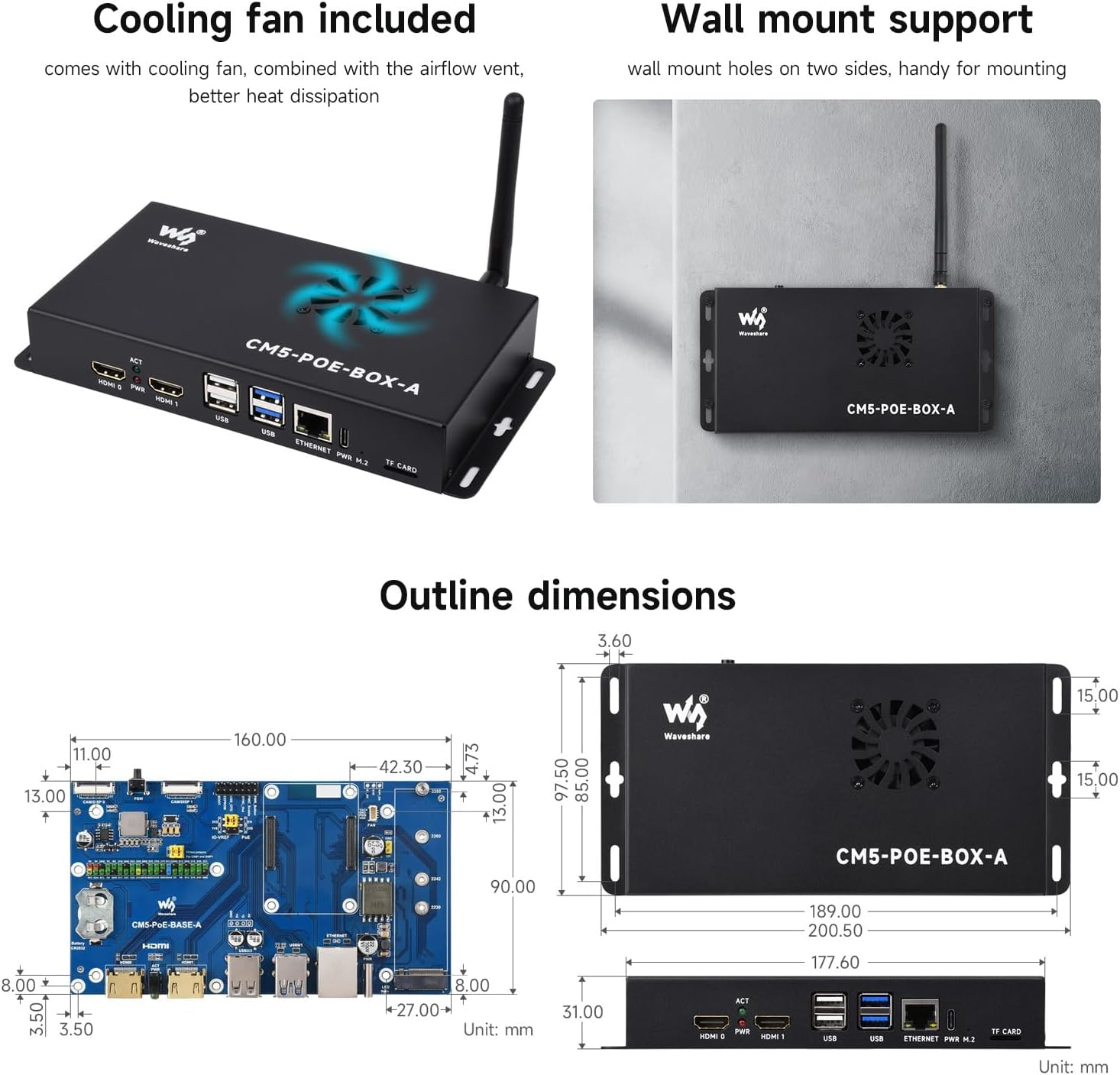 Waveshare Compute Module 5 IO Board+Case, Compatible with All Variants of Raspberry Pi CM5, with Poe Feature, Bundle with Board+ Case+Power Supply image number 1