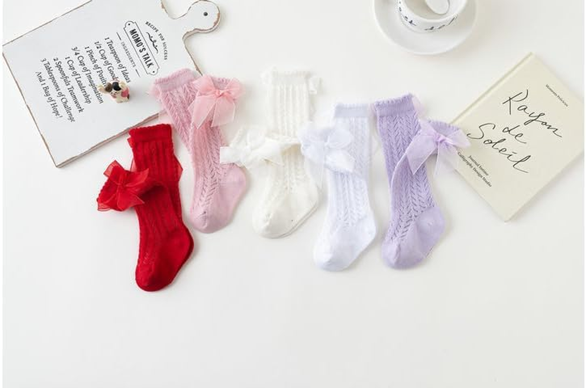 Baby Girls Knee with Bows Baby Girls Knee High Socks the Hollow Out Anti-Skid Knitting Sock image number 5