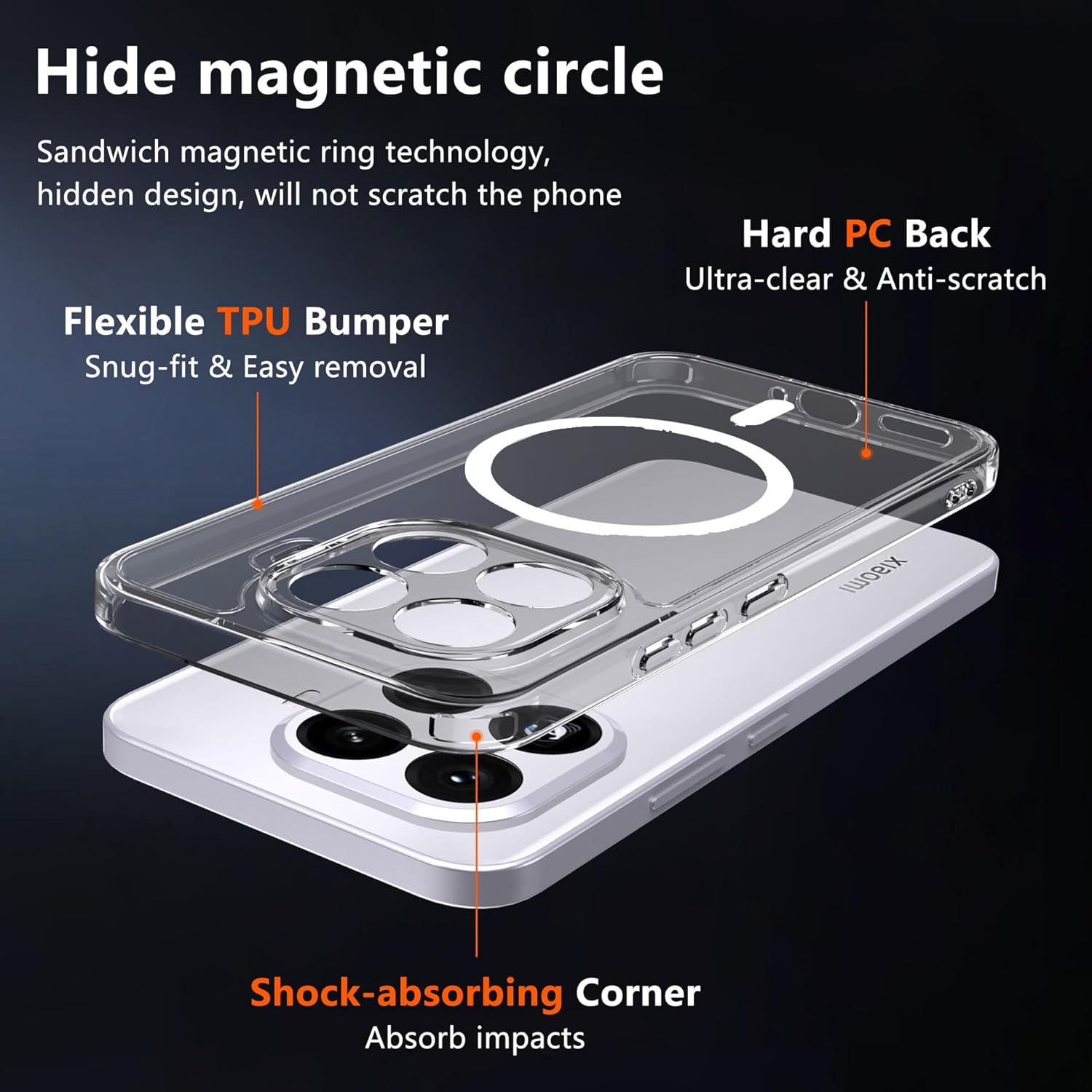 Anoowkoa Magnetic Case for Xiaom 15T Pro Case and Pack of 2 Tempered Glass, Suitable for Magsafe, Anti-Yellowing, Anti-Scratch, Compatible with Xiaom 15T Pro (Clear) - Xiaomi 17 Pro Max image number 6