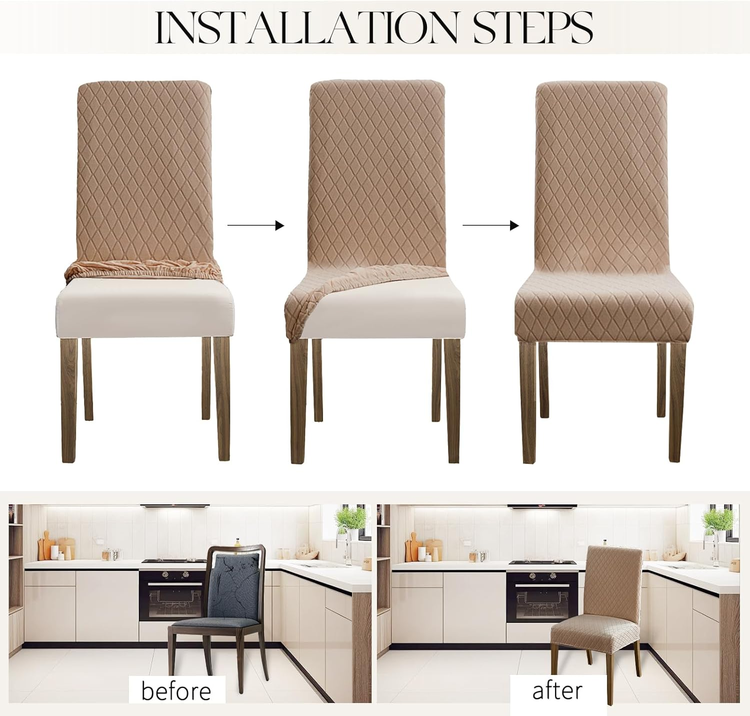 MOSAYT 100% Waterproof Dining Room Chair Covers Set of 4, Super Fit Stretch Jacquard Parson Chairs Slipcovers Removable Washable Chair Seat Protectors for Home, Kitchen, Banquet (Khaki) image number 3