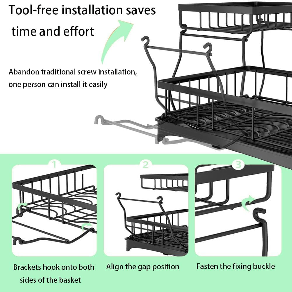 Dish Drying Rack, Dish Rack with Draining Tray, Made of Carbon Steel, Removable Cutlery Holder with Drip Tray Swivel Draining Spout, for Kitchen Countertop（Black 2） image number 6