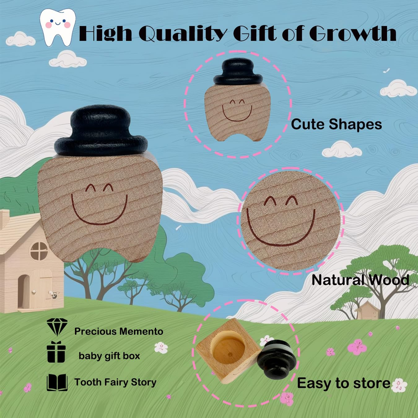 Fenikle Tooth Fairy Box, Cute Teeth Shape Wooden Box with High-Quality Tooth Fairy Coin and Encouragement Cards. Tooth Keepsake Box for Kids&rsquo; Lost Teeth. Best Baby Gifts for Boys and Girls.