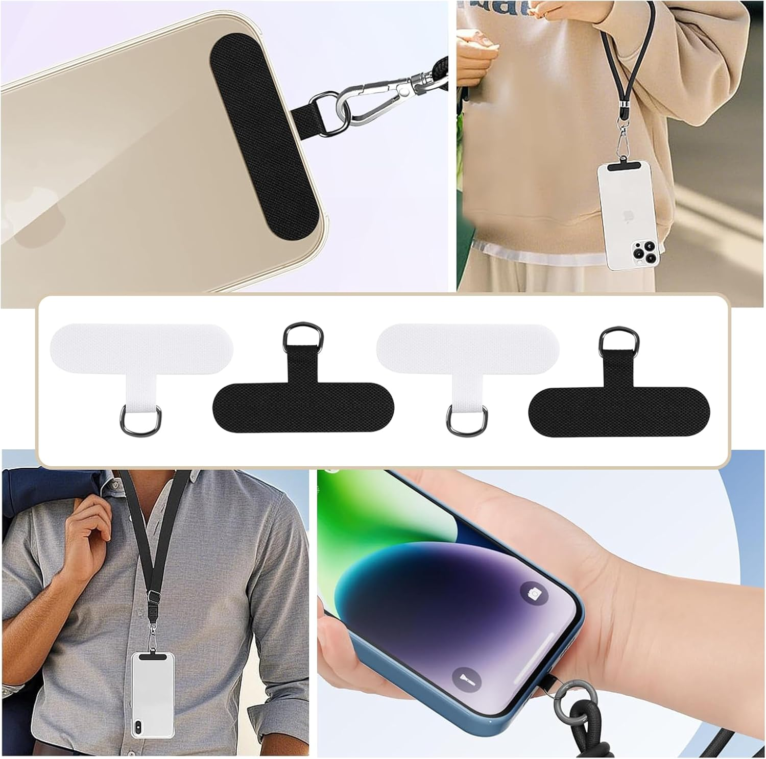 ONBPIY 4 Pcs Phone Tether Tab with Metal Rings, Compatible with Iphone, for Samsung Galaxy, Universal Lanyard Patch for Full Coverage Cases, 2 Black 2 White image number 3