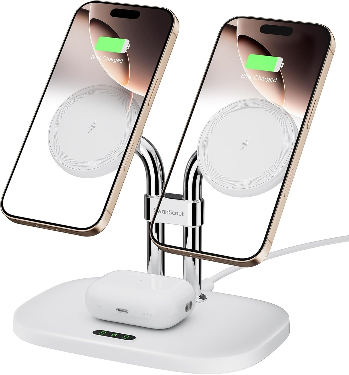 Swanscout Wireless Charger for Iphone 17/Air, Swanscout 706M, Dual Magnetic Charger for Iphone 16/15/14/13/12 Series, Charging Station for Airpods Pro 3/2, Airpods 4/3Rd (White)
