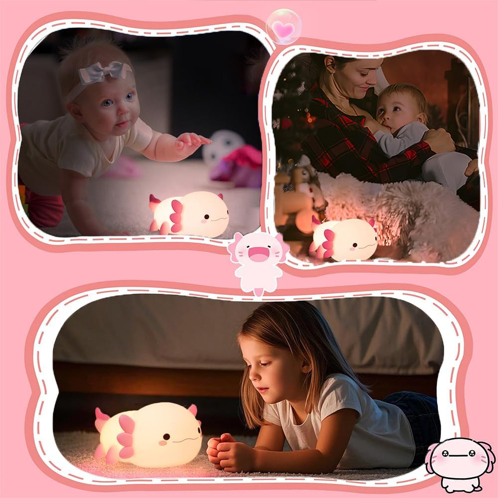 Cute Axolotl Night Light for Kids Bedroom, Animal Silicone Nursery Night Lamp Touch Control Nightlights USB Rechargeable Bedside Lamp for Baby Children Toddlers Girls Gift (Pink Axolotl) - Pink Axolotl 1 image number 2