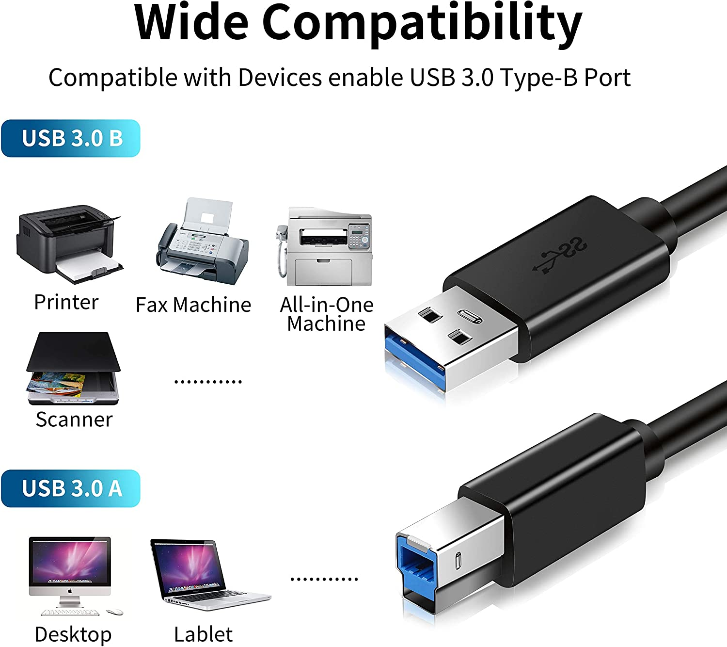 USB Printer Cable, (3M & 5M) USB 3.0 Cable - A-Male to B-Male Cord High Speed Scanner Cord Compatible with Microphones, Dell, HP, Epson, Canon, Lexmark, Xerox, Samsung and More image number 3
