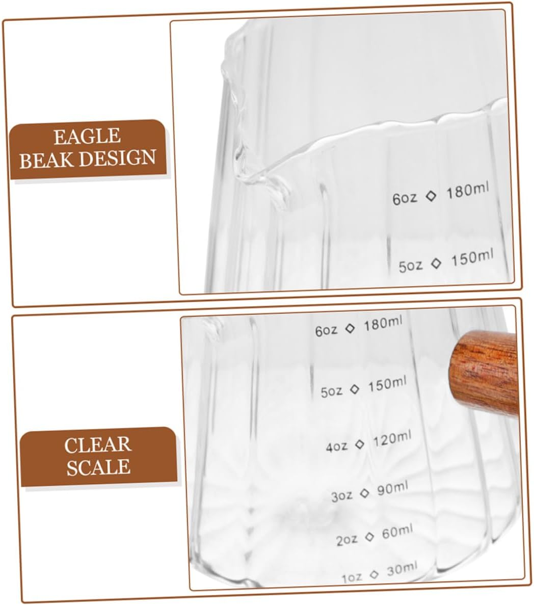 TOYZFRIENDY Glass Milk Pitcher and Frothing Cup with Wooden Handle, Heat-Resistant Multi-Function Measuring Syrup and Coffee Glass Set (2Pcs) for Home and Espresso Brewing image number 2