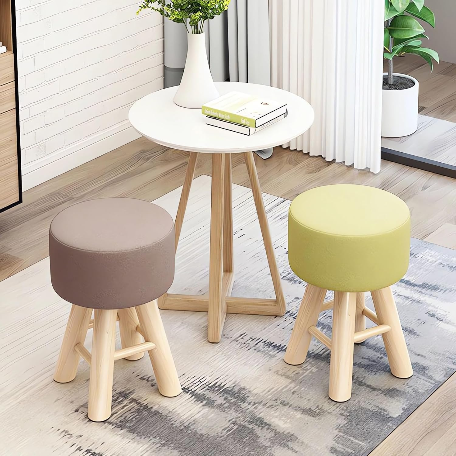 Round Ottoman Footstool, 28 X 28 X 42 Cm, Wooden Legs, Fabric Cushion Top A269 (Green)