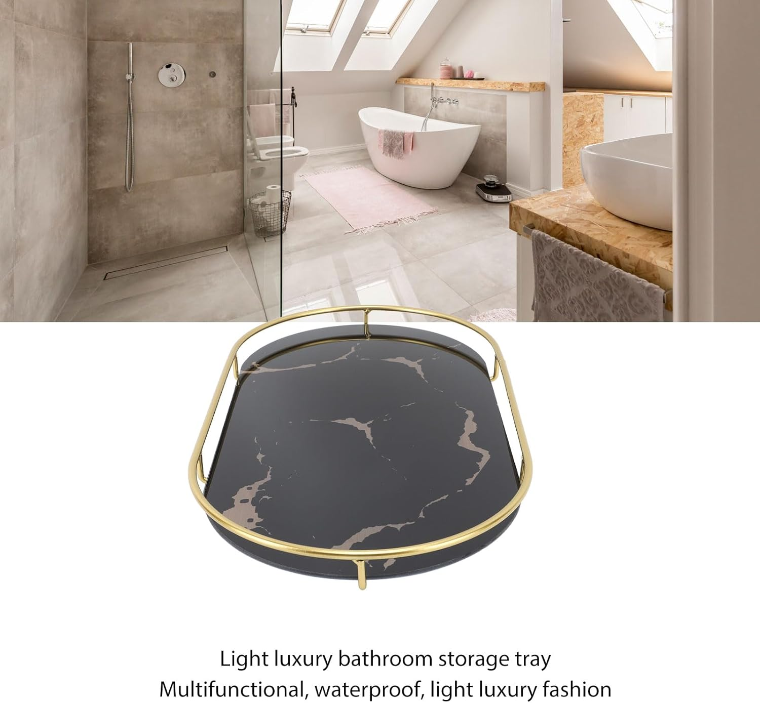 Bathroom Storage Tray Light Luxury Decorative, Golden Texture Oval Bathroom Organiser Tray for Soap Towel Paper Napkins Jewellery Makeup, Bathroom Organiser Tray (Black Base) image number 3