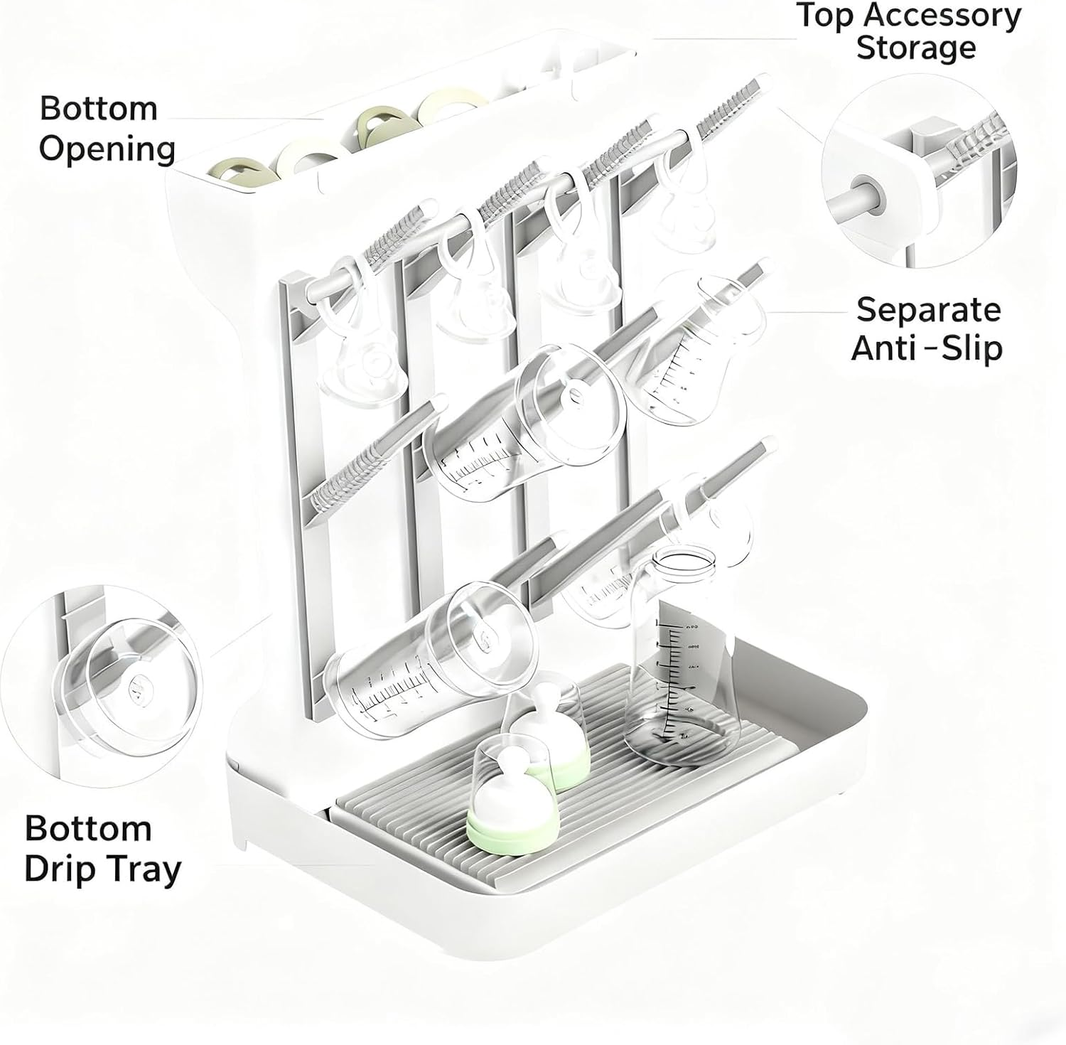 Baby Bottle Drying Rack with 12 Hooks,Vertical Bottle Organizer，Baby Bottles and Pump Part Cleaning,Baby Bottle Accessories Storage,Space Saving image number 3