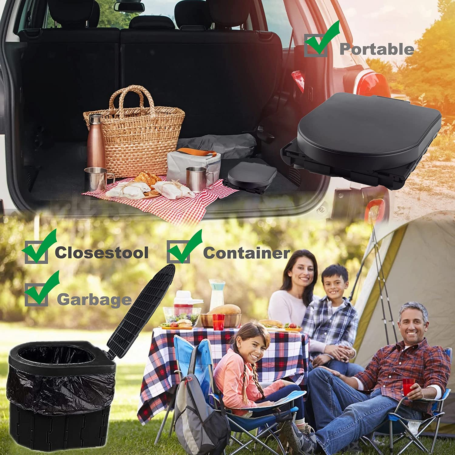 Portable Toilet for Outdoors& Indoors, SFSUMART Foldable Potty & Stool for Car Camping Travel Hiking Fishing Long Trips