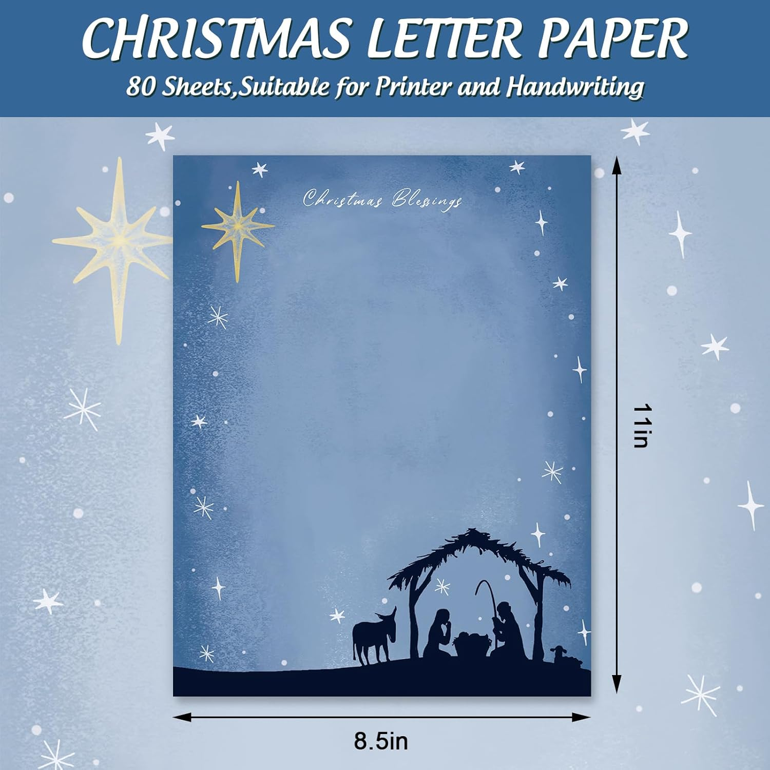 Anydesign 80 Pack Christmas Stationery Letterhead Paper Nativity Scene Letter Paper Blue Writing Paper Notes Greeting Paper for Invitation Office Printing Supplies, 8.5 X 11 Inch image number 1