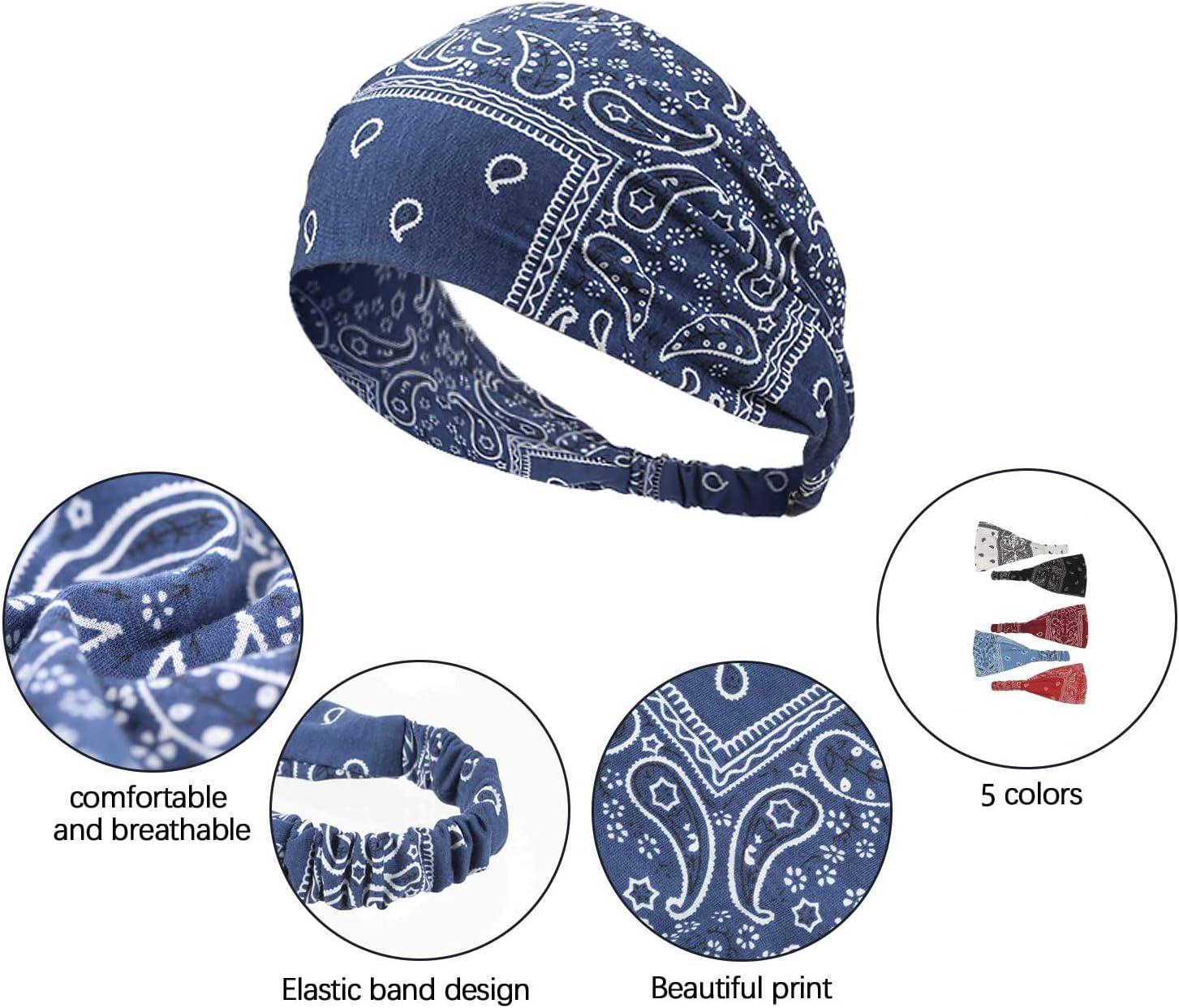 Vintage Paisley Women Elastic Cotton Headbands Vintage Printed Wide Headbands for Sports, Yoga and Running(5Pcs) image number 2