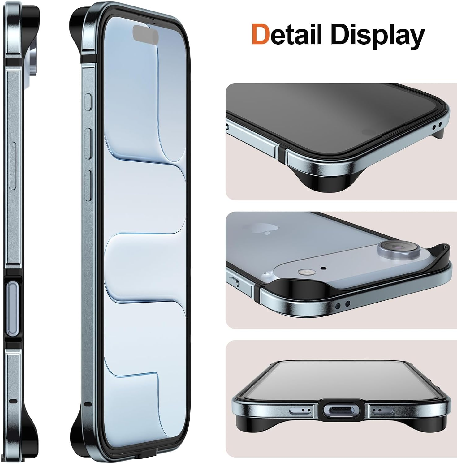 Metal Bumper Case for Iphone 17 Air, Aluminum Frame Slim Case [Soft Silicone Inner Bumper][Raised Edge Protection] HD Tempered Glass Screen Protector Cover for Iphone 17 Air Blue image number 3