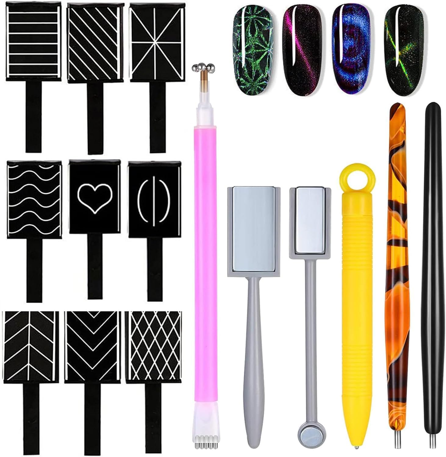 15Pcs Cat Eye Magnetic Nail Polish Kit,Nail Magnets Cateye for Nails Art, Double-Head Nail Magnetic Cat Eye Gel Nail Polish Magnet Wand Strong Suction Board Nail Manicure Tool Set for Nail DIY Salons. image number 2