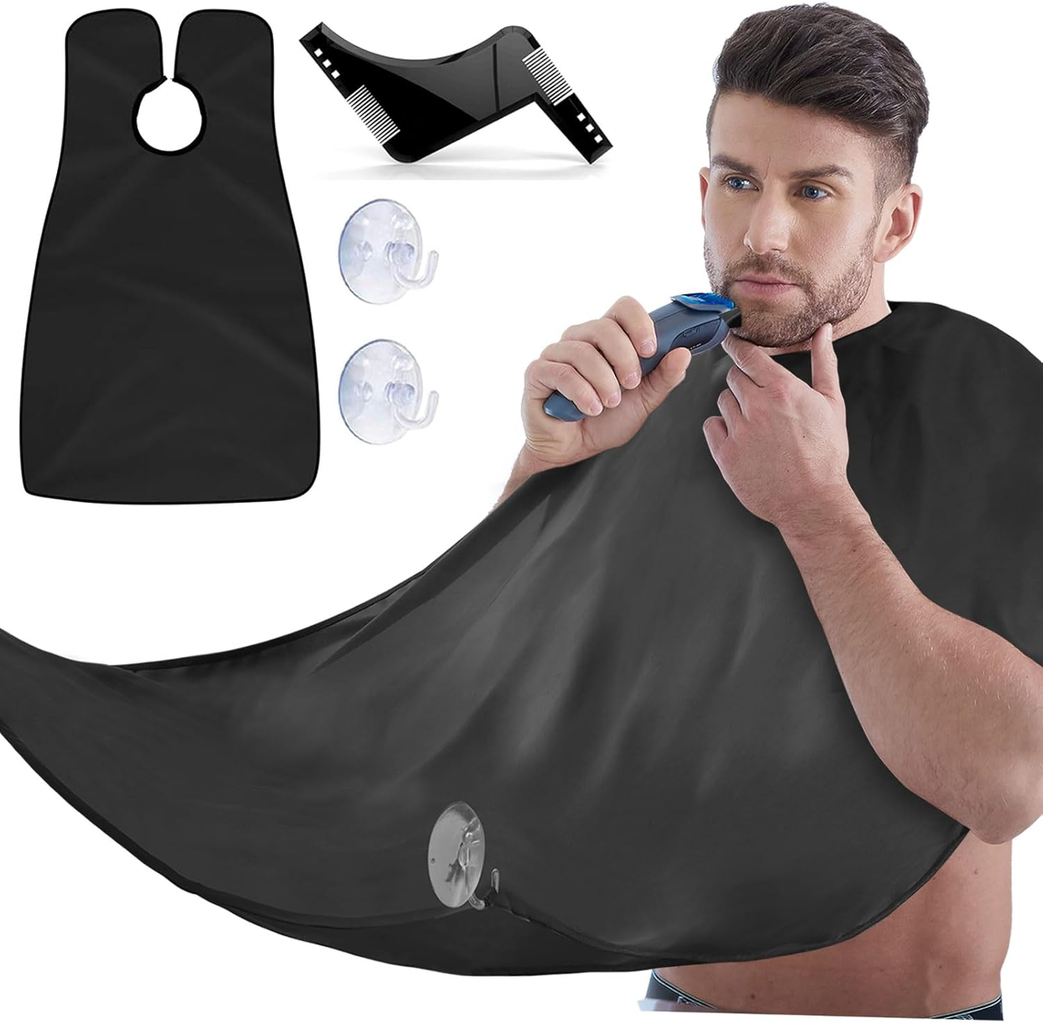 Beard Apron with Suction Cups & Beard Brush Set - Waterproof Beard Bib Apron for Men Shaving Catcher - Beard Hair Catcher for Sink - Black & White