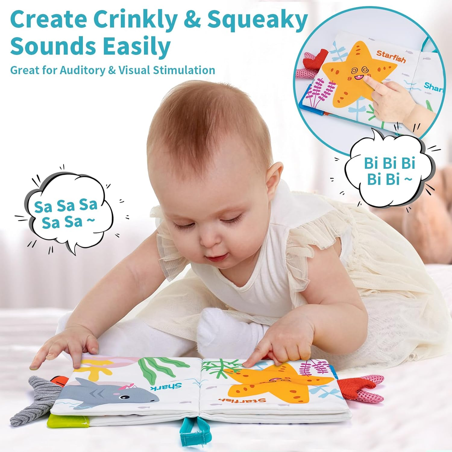 Coolplay Baby Sensory Toys 0-6 Months, Baby Marine Animal Tails Books Toys Crinkle Books 6-12 Months Toddler Soft Cloth Book for Newborn image number 1