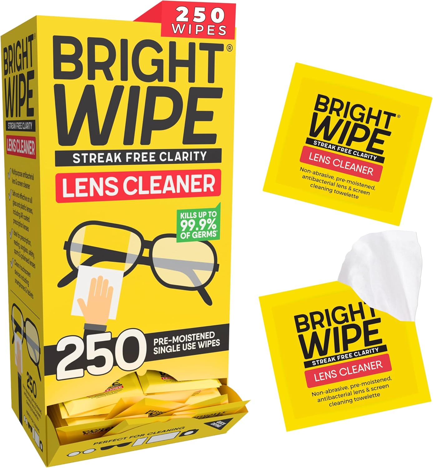 BRIGHTWIPE Lens Wipes - Screen Cleaning Towelletes - Eye Glasses Cleaner - Quick Drying, Remove Fingerprints, Dirt, Oil from Eyewear, Phone and Tablet Screen. 250 Single Use Wipes image number 2