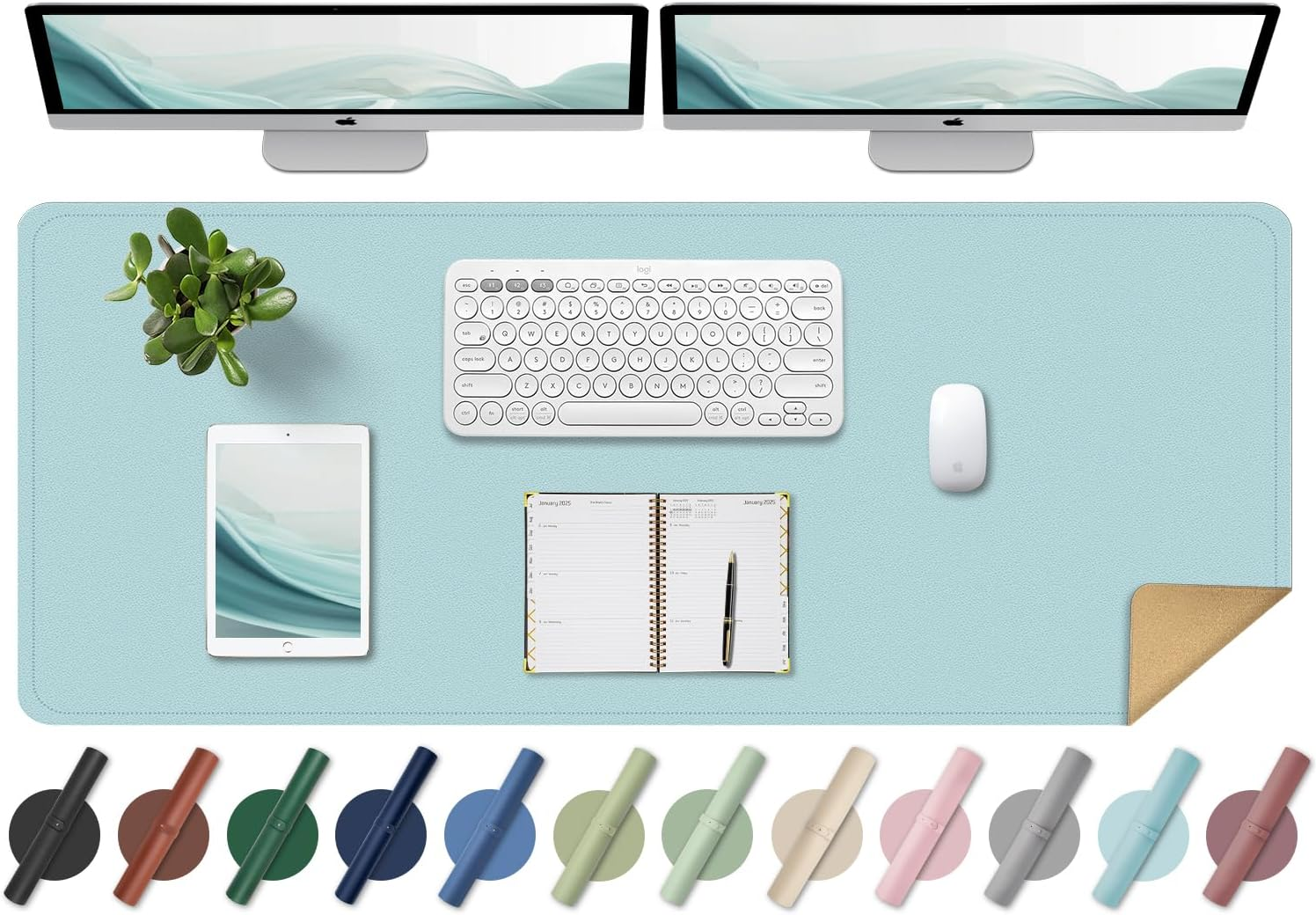 BLESWIN Large Desk Pad - Dual-Sided Cork & Leather, Mouse & Keyboard Mat, Easy Clean, Non-Slip, Office & Laptop Mat (Light Blue, 120X43Cm) image number 4