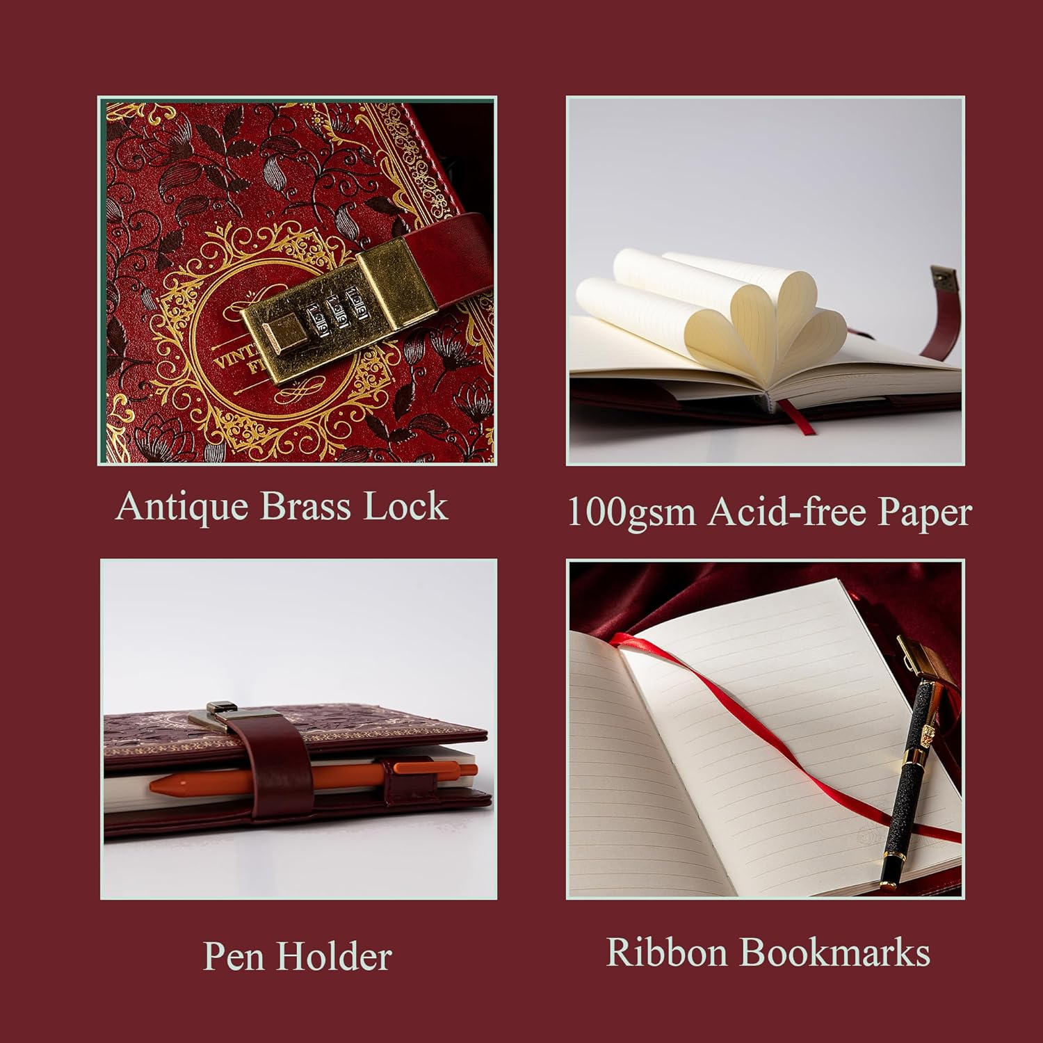 Vintage Leather Journal Notebook with Combination Lock, B6 Embossed Flower Secret Diary Ruled Lined Paper for Writing Women Girls Children (Wine) - Black image number 5