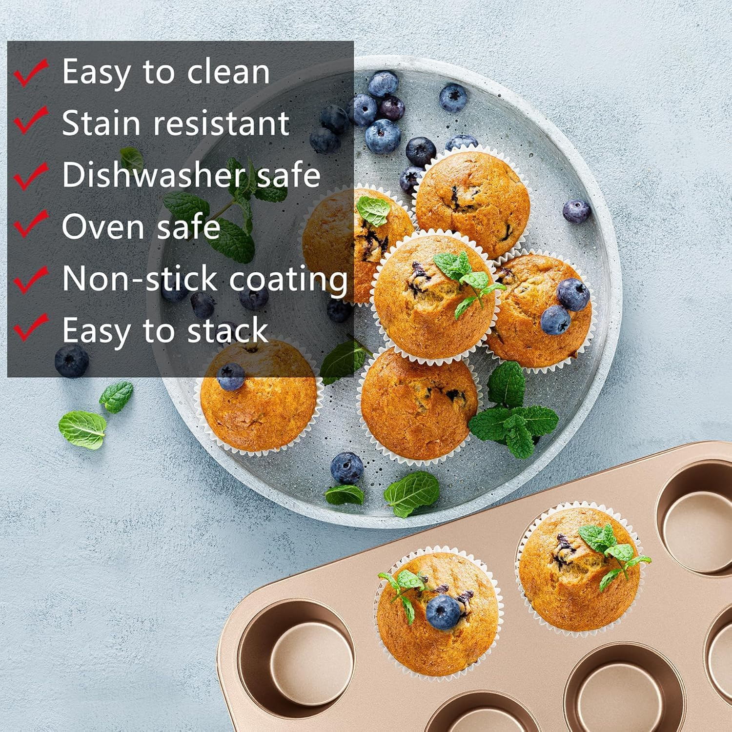 Baking Pans Nonstick Set, Bakeware Sets with round Square Cake Pan, Muffin Pan, Loaf Pan, Roast Pan, Baking Sheets for Oven, Kitchen Cookware Sets Baking Supplies 5-Piece, Gold image number 2
