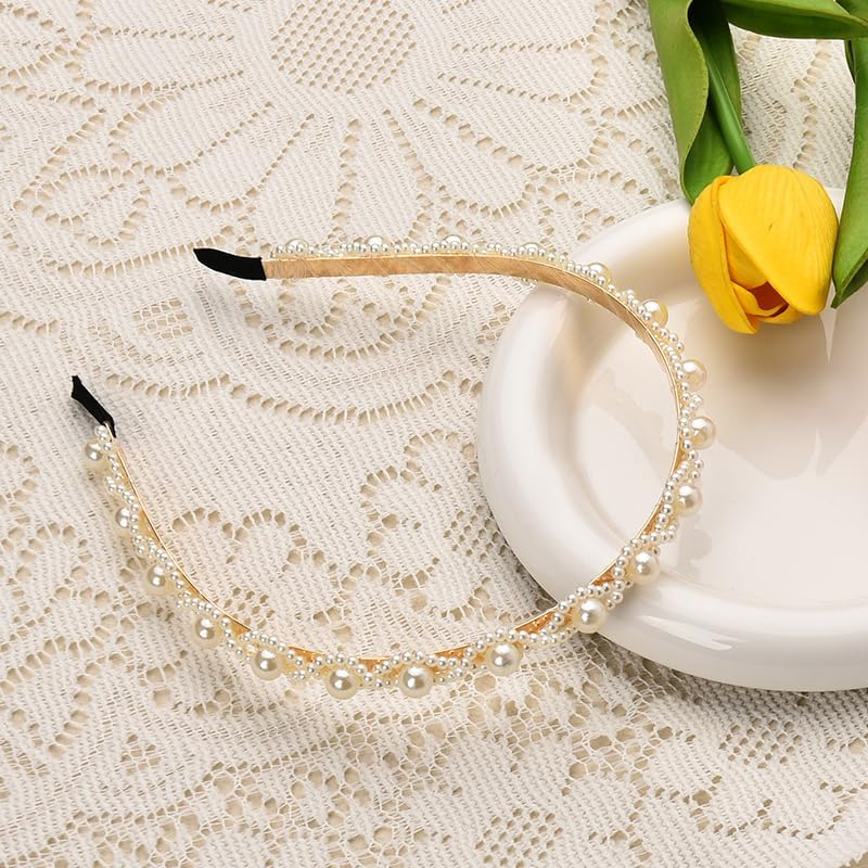 White Pearl Headband for Women Girls Pearl Headpiece Hair Accessories for Women Girls Pearls Hair Band for Wedding Party Beach Hairband with Pearls image number 5