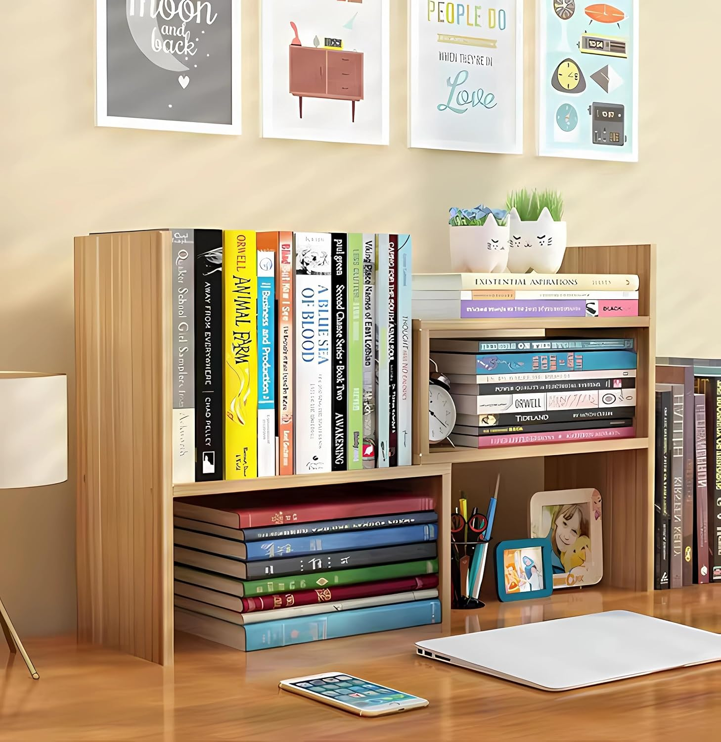 Hbluefat Desktop Bookshelf,Small Desk Shelf Organizer Mini Shelves Adjustable Desk Bookcase Display Organizer for Home Office, Bedroom, Living Room (Wood) image number 3