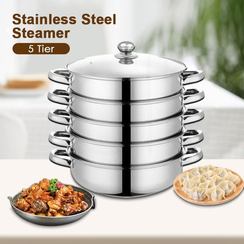 Leona Co 4/5 Tier Steamer Pot for Cooking, 28Cm Steam Pots with Lid Multipurpose Stainless Steel Steaming Pot Cookware with Handle for Vegetable, Dumpling, Stock, Sauce, Food (5 Tier) image number 5